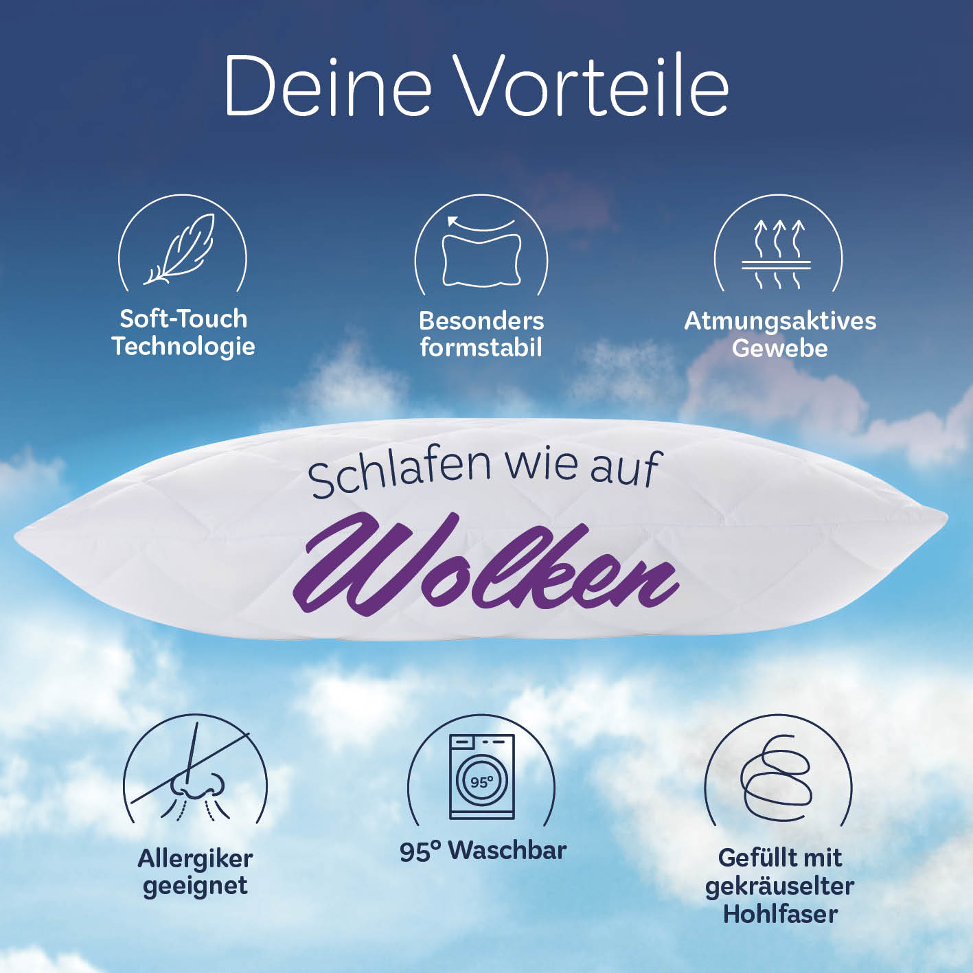 Microfaser Kopfkissen gesteppt - 80 x 80 cm, weich, formstabil, atmungsaktiv, allergikergeeignet und bei 95° waschbar.