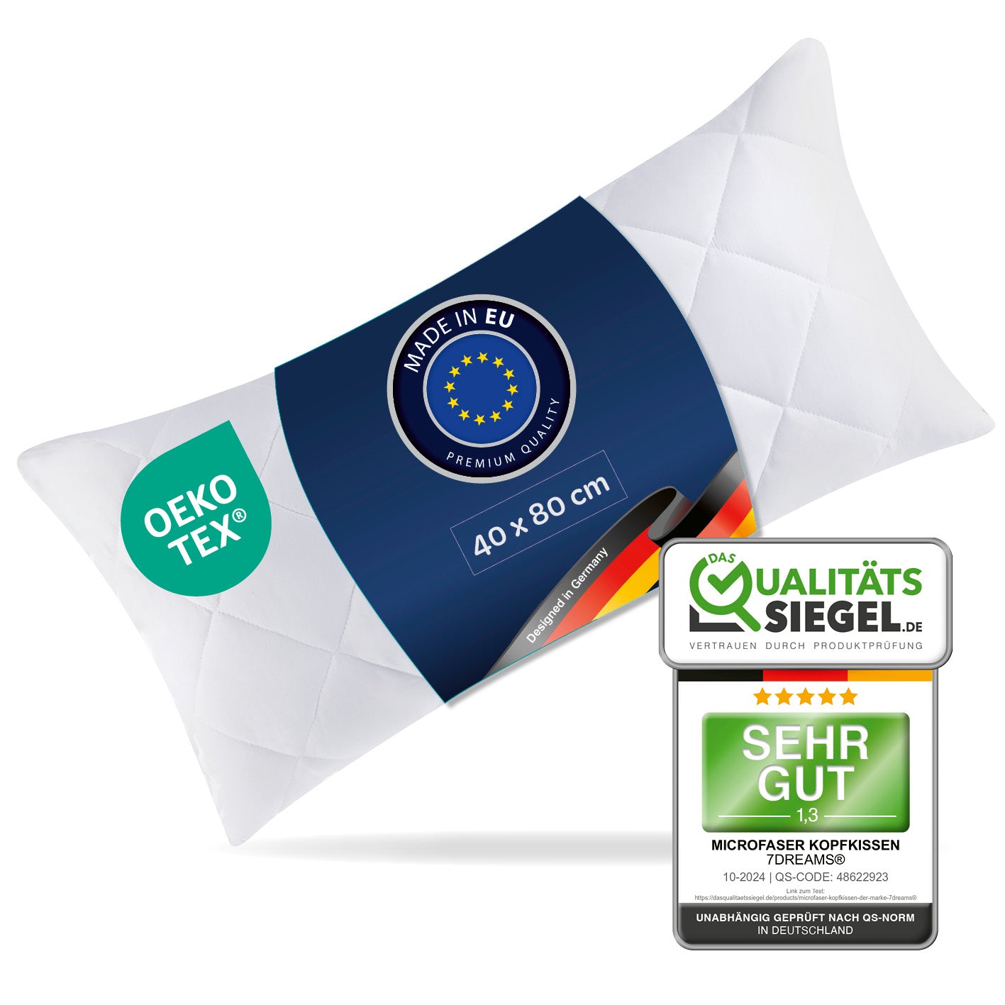 Microfaser Kopfkissen - Gesteppt - 40 x 80 cm - Weiß, weich, formstabil, waschbar, für Allergiker geeignet, made in EU, OEKO-TEX zertifiziert.