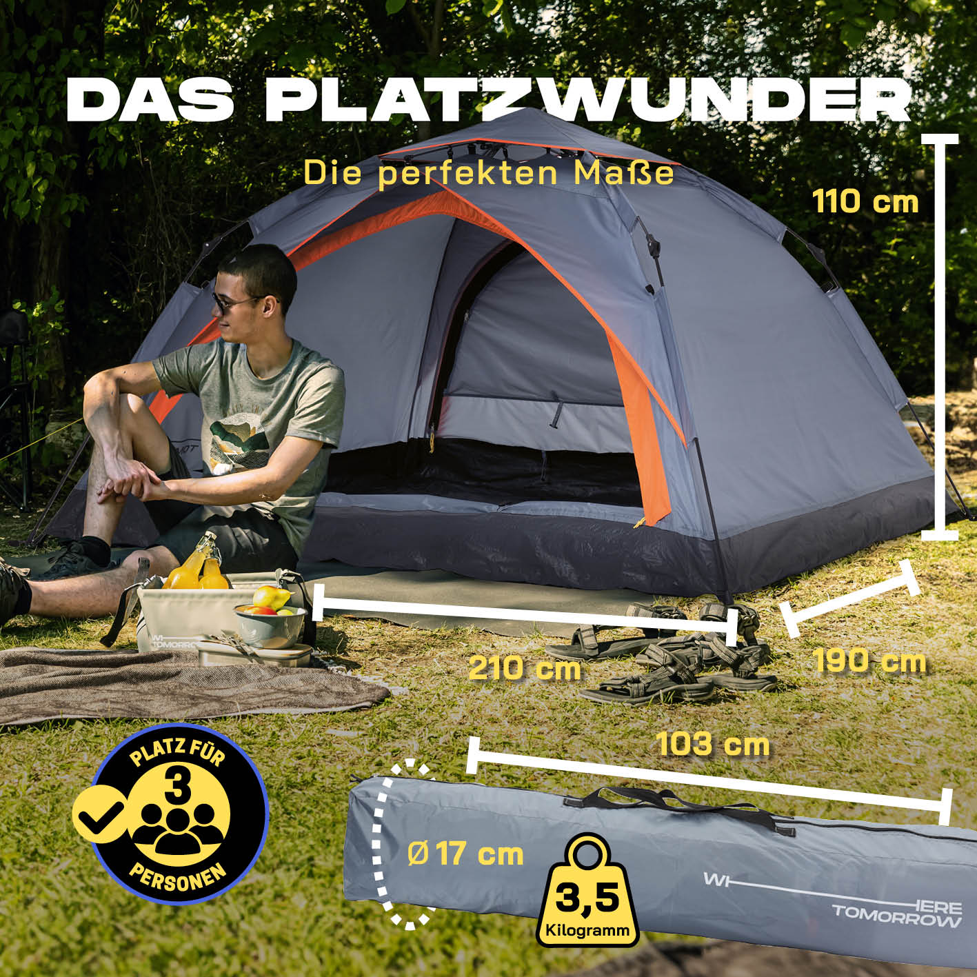 Pop Up Zelt - 3-Personen-Zelt mit Doppeltür, 210x190x110 cm, leicht, schnell aufbaubar, grau, ideal für Outdoor und Trekking.