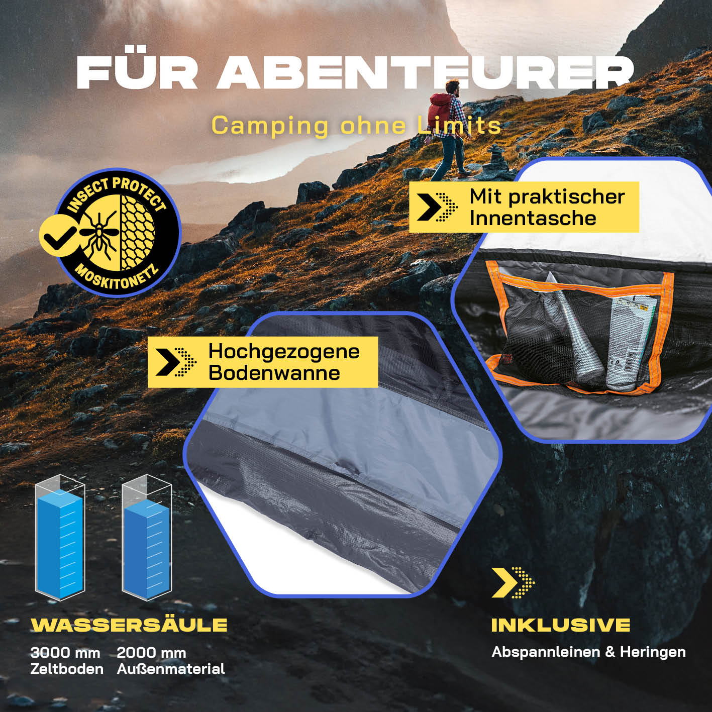 Pop Up Zelt - 3-Personen-Zelt mit Doppeltür, Moskitonetz, praktischer Innentasche, hochgezogene Bodenwanne, wasserdicht, 210x190x110 cm, Grau von Lumaland Outdoor.