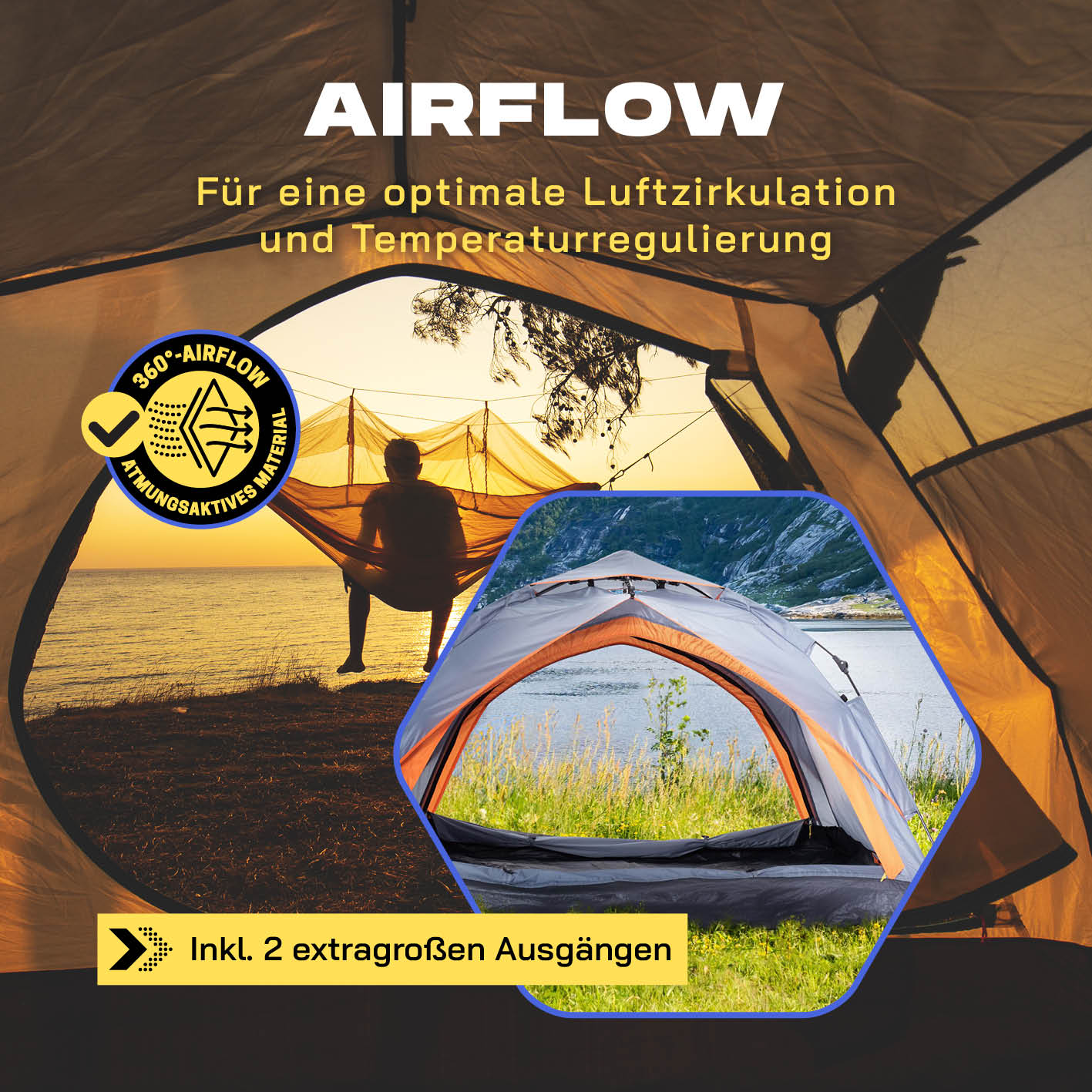 Pop Up Zelt - 3-Personen-Zelt mit Doppeltür, atmungsaktiv für optimale Luftzirkulation und Temperaturregulierung, inkl. 2 extragroßer Ausgänge.