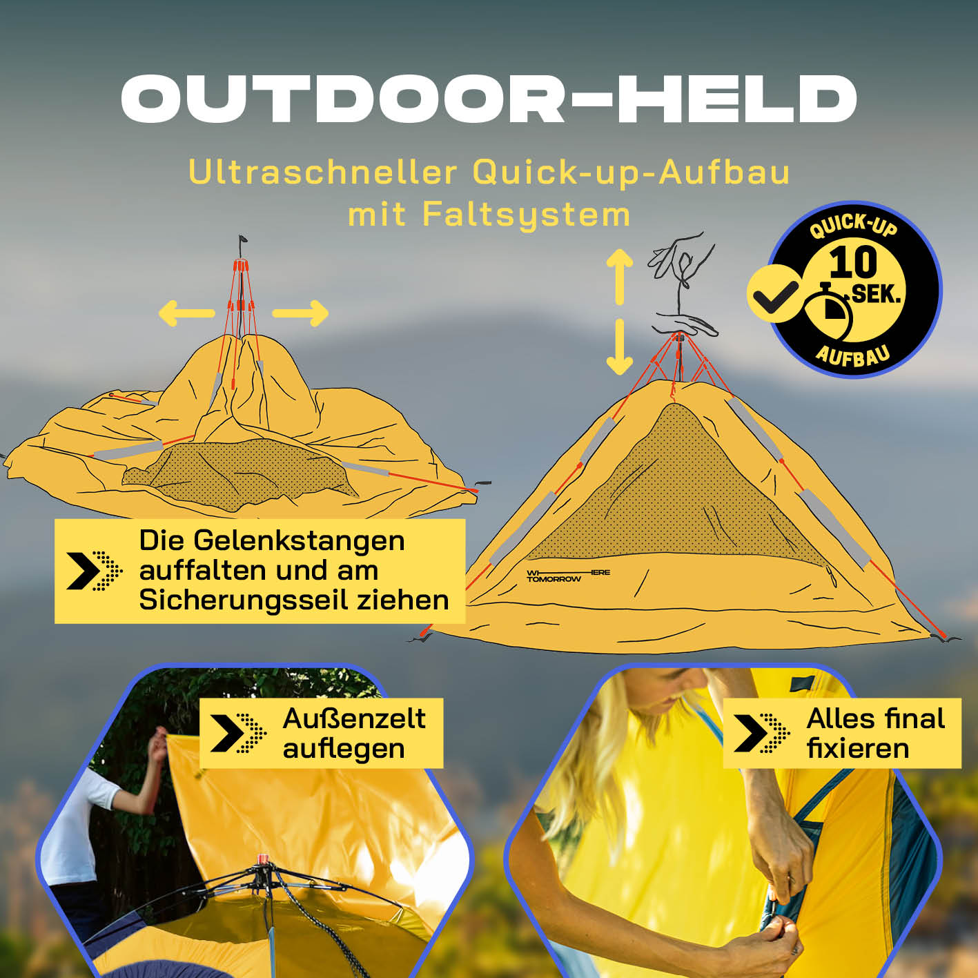 Pop up Wurfzelt für 3 Personen - Gelb mit ultraschnellem Quick-up Aufbau und einfachem Faltsystem für schnelle Nutzung im Outdoor-Bereich.