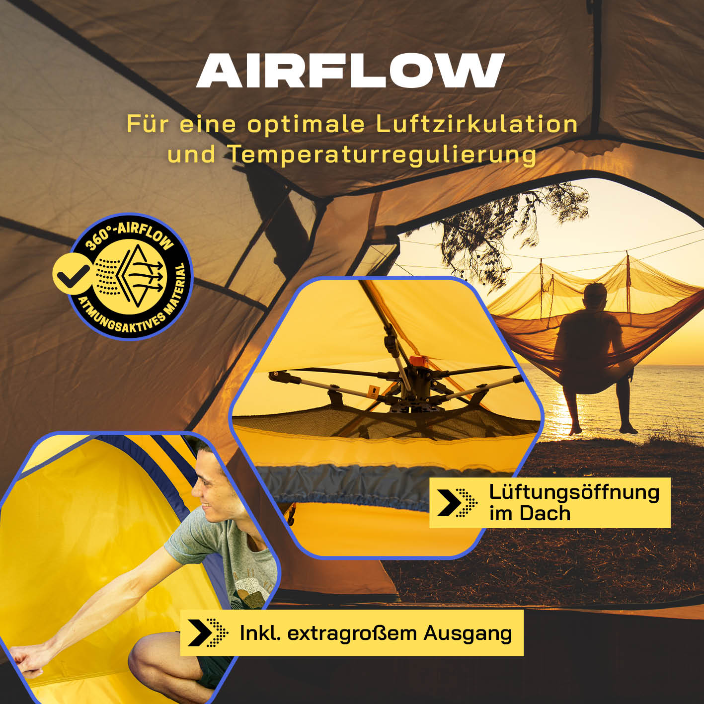 Pop up Wurfzelt für 3 Personen - Gelb mit optimierter Luftzirkulation, Lüftungsöffnung im Dach und extragroßem Ausgang.