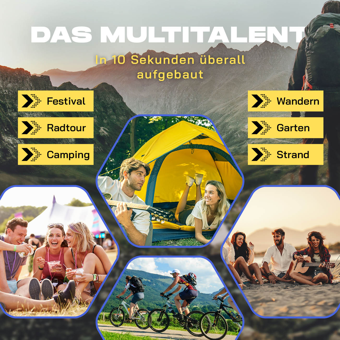Pop up Wurfzelt für 3 Personen - Gelb, leicht, wasserfest, mit schnellem Aufbau ideal für Festival, Camping, Strand und Garten.