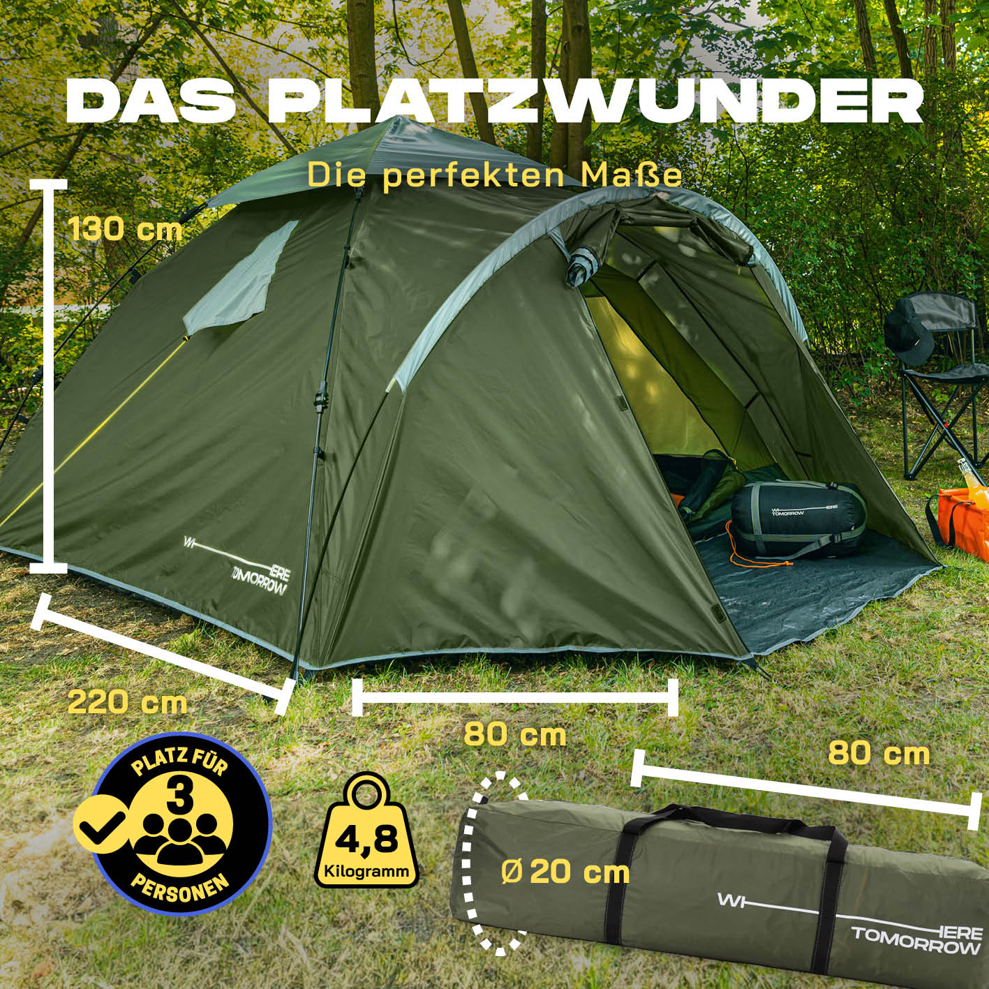 Pop up Familienzelt für 3 Personen - ca. 220 x 220 x 130 cm - Grün, leichtes, schnelles Aufbauzelt mit geräumigem Vorzelt und Wetterschutz.
