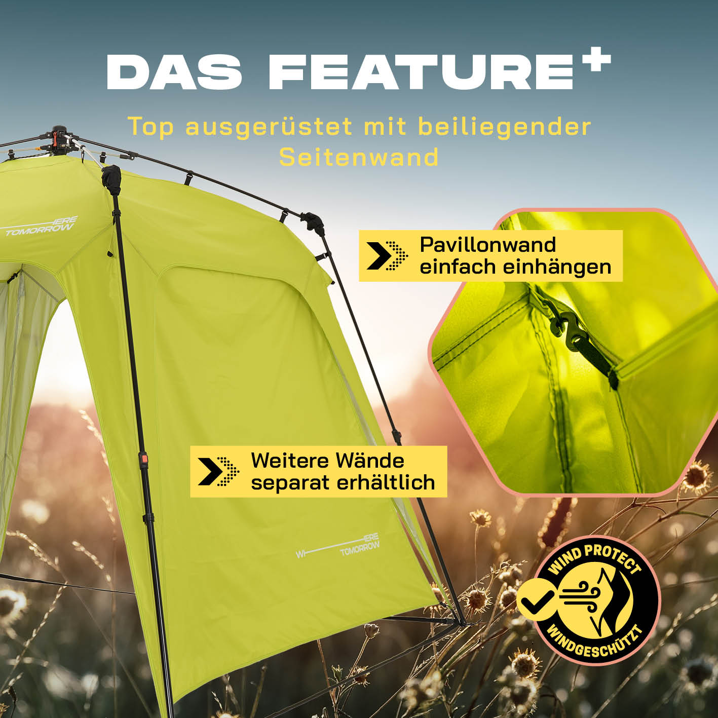 Pop up Pavillon - Grün mit wasserfester Seitenwand, schnell aufbaubar und windgeschützt für Outdoor-Events und Camping.