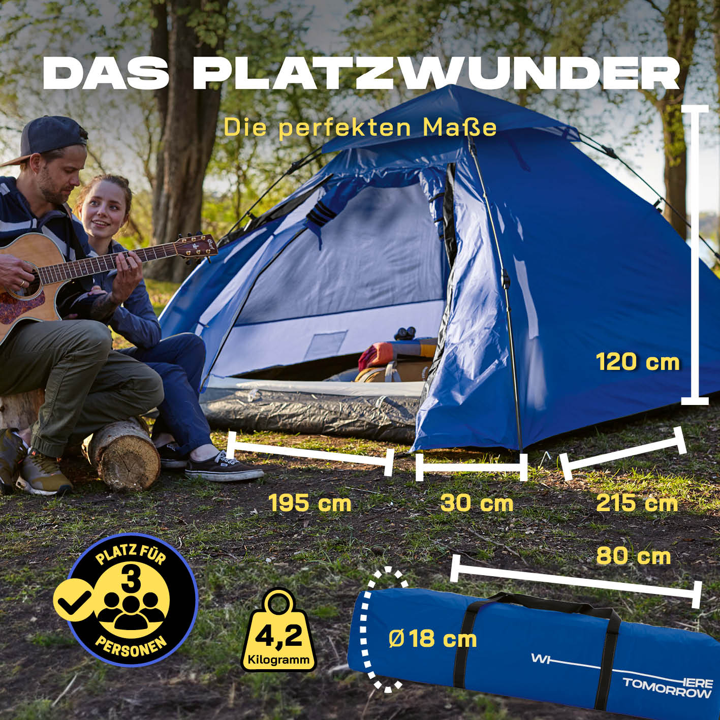 Pop up Kuppelzelt für 3 Personen - Blau mit Maßen, 3-Personen Platz, leicht und schnell aufzubauen, ideal fürs Outdoor-Abenteuer.