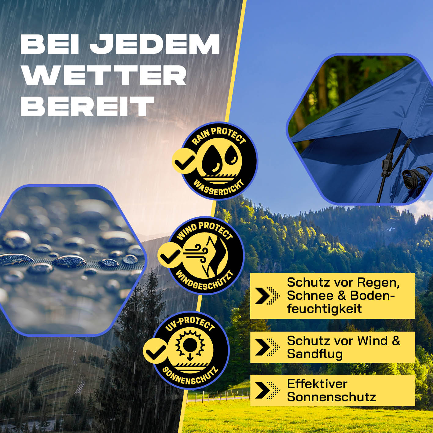 Pop up Kuppelzelt für 3 Personen - Blau, wasserdicht, windgeschützt und mit effektivem Sonnenschutz für jedes Wetter.