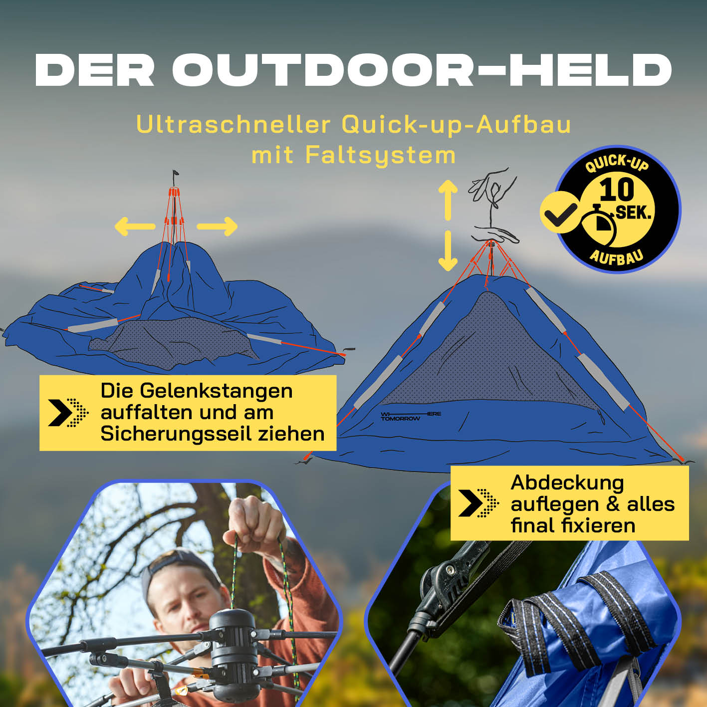 Pop up Kuppelzelt für 3 Personen - Blau mit ultraschnellem Quick-up-Aufbau und praktischem Faltmechanismus für vielseitigen Outdoor-Einsatz.