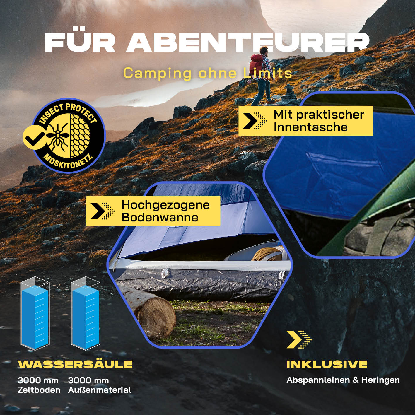 Pop up Kuppelzelt für 3 Personen - Blau mit Insektenschutz, praktischer Innentasche, hochgezogener Bodenwanne und wasserdichtem Material.