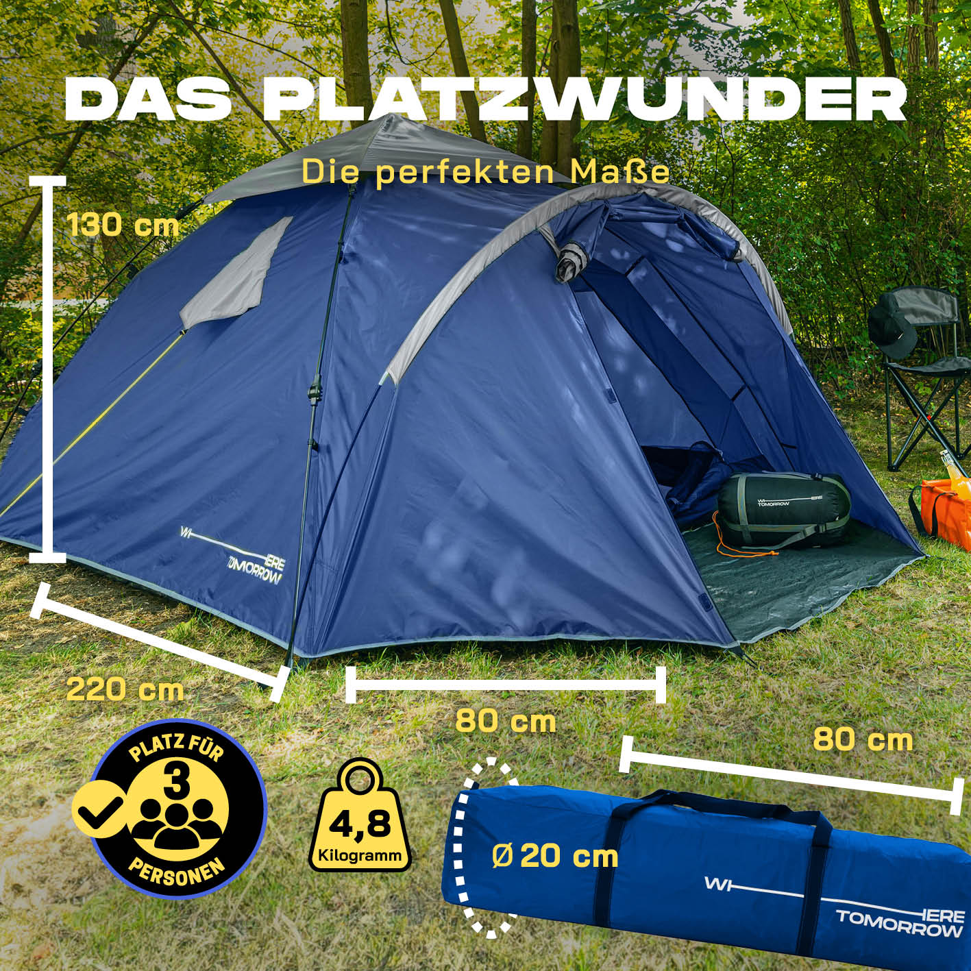 Pop up Familienzelt für 3 Personen - ca. 220x220x130 cm - Blau, leichtes, wetterfestes und schnelles Outdoor-Wurfzelt von WHERE TOMORROW.