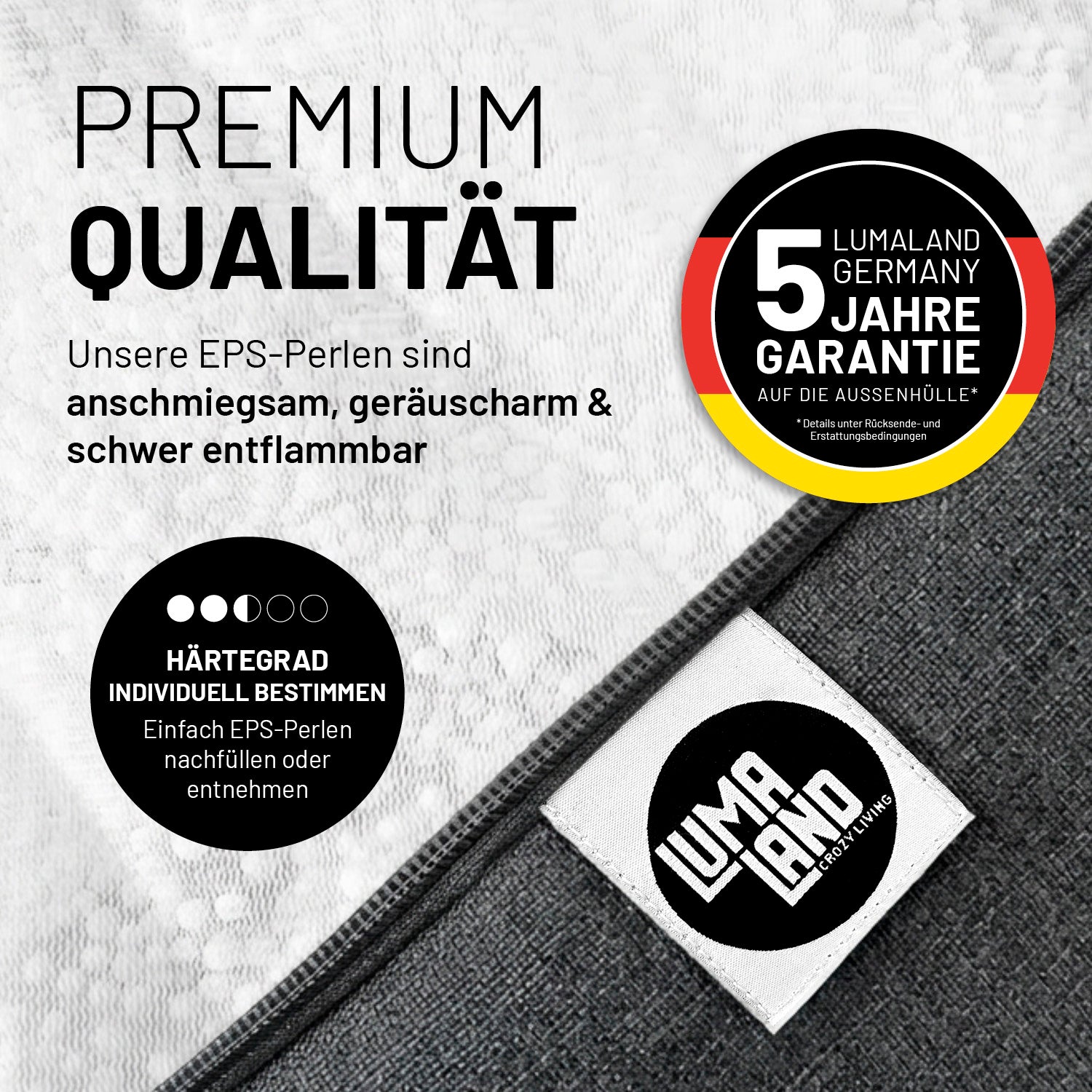 Detailaufnahme der hochwertigen Qualität des Sitzsack Interior Line (370 L) - indoor - Dunkelgrau mit Garantiehinweis und Härtegradoptionen.