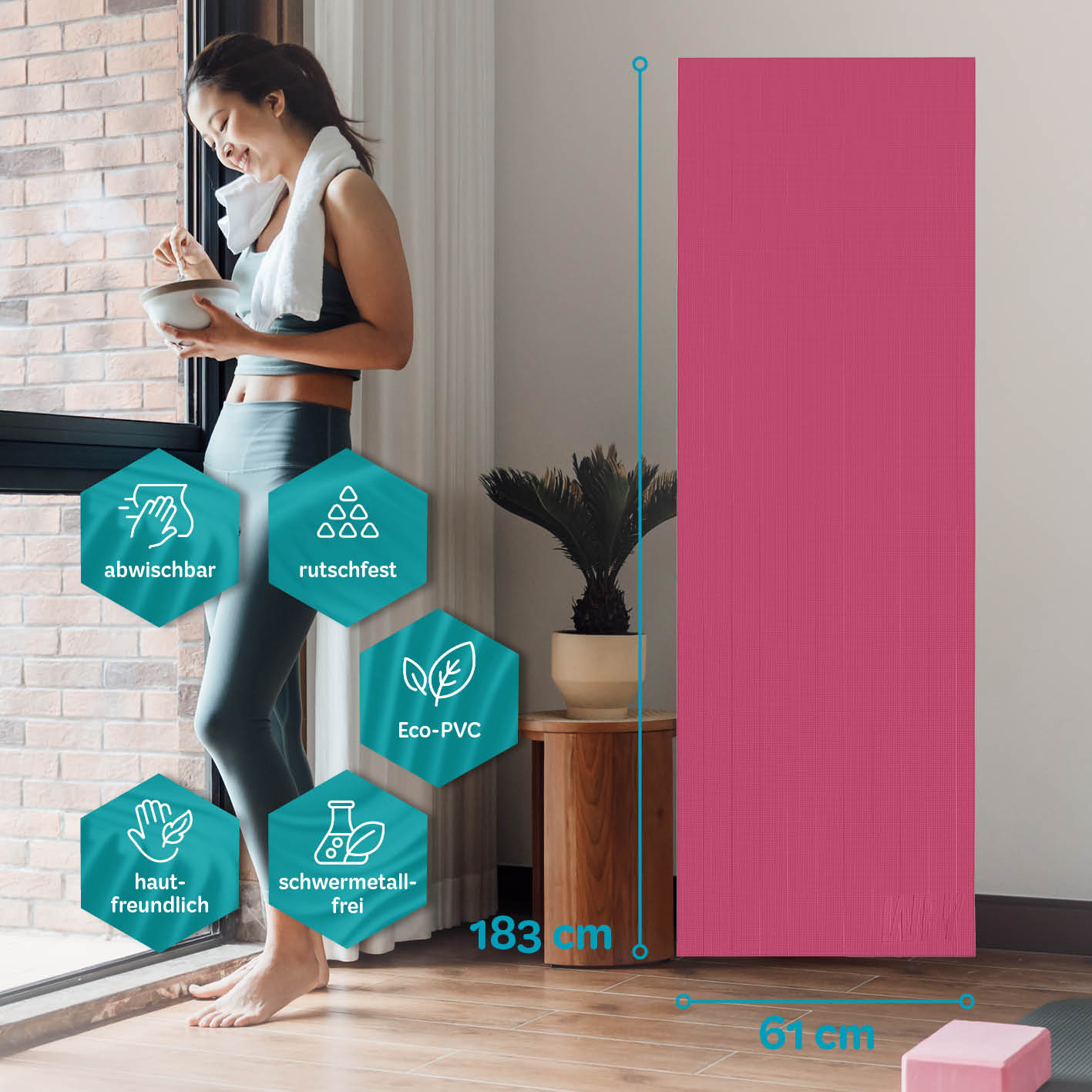 Yogamatte Kirana - 183 x 61 x 0,4 cm - Altrose, rutschfest, abwaschbar, hautfreundlich, aus flexiblem Eco-PVC, langlebig und pflegeleicht.