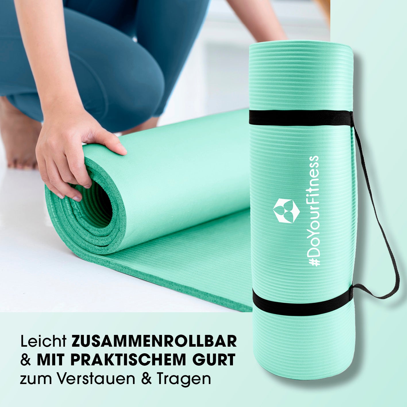 Fitness- und Gymnastikmatte - 190 x 100 x 1 cm - Türkis, rutschfest, leicht zusammenrollbar mit praktischem Tragegurt von DoYourFitness.