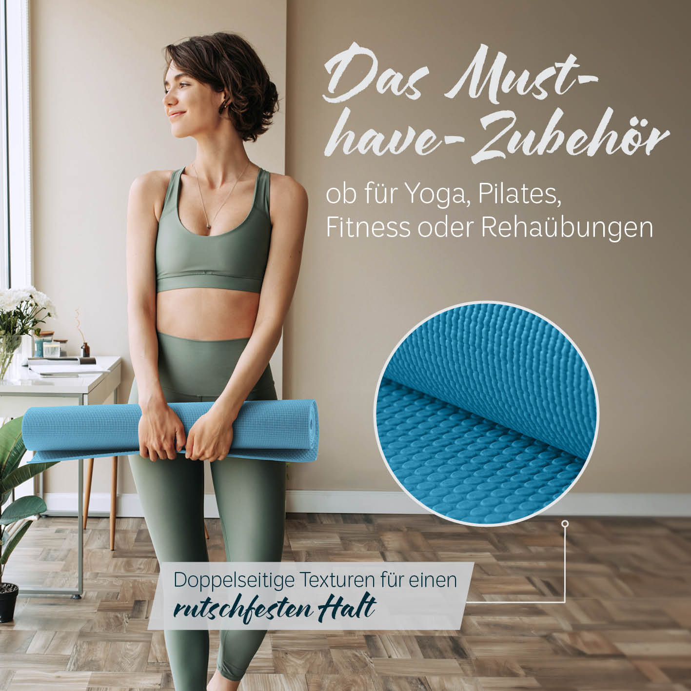 Yogamatte Kirana - 183 x 61 x 0,4 cm - Petrol mit weicher Oberfläche, rutschfest und pflegeleicht für Yoga, Pilates und Fitness.