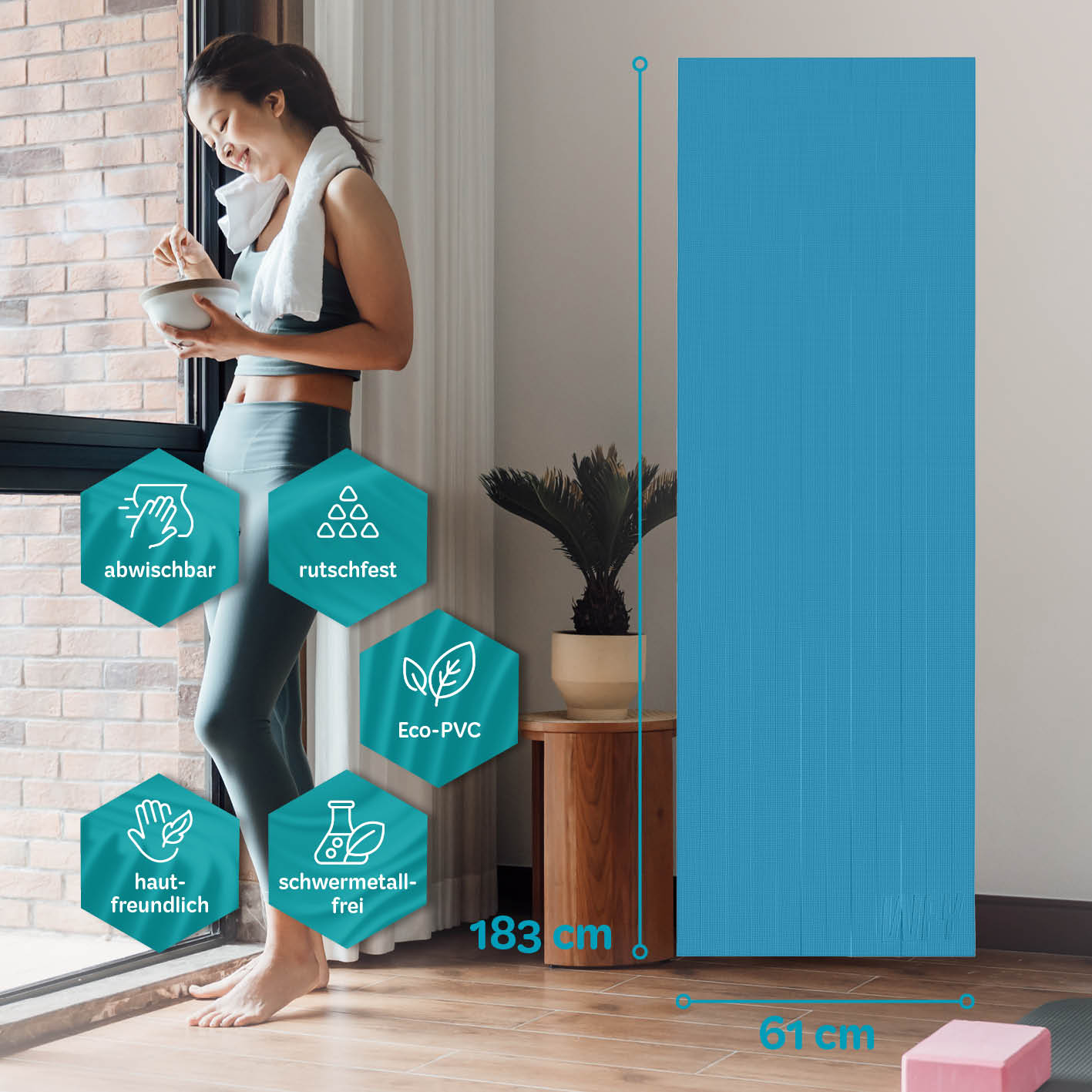 Yogamatte Kirana - 183 x 61 x 0,4 cm - Petrol, rutschfest, hautfreundlich, Eco-PVC, abwischbar, schadstofffrei für Pilates und Fitness.
