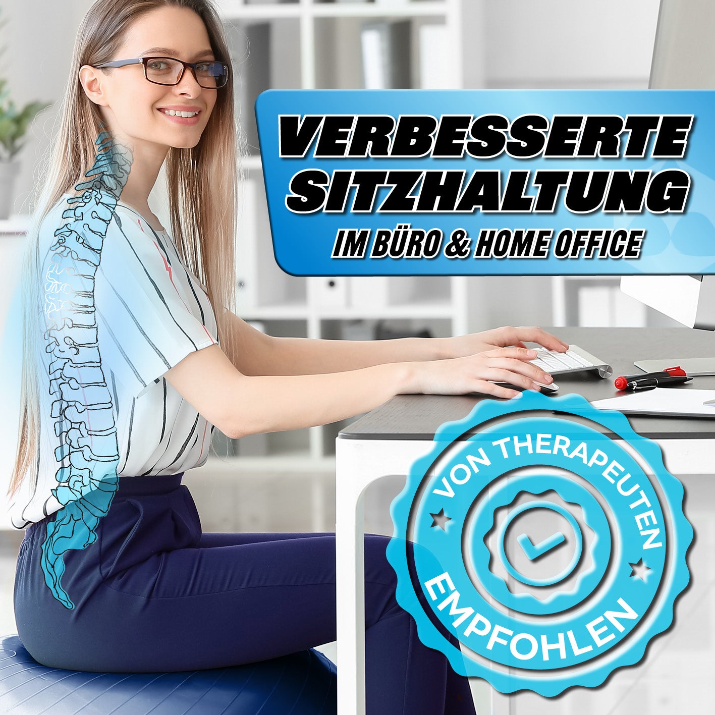 Gymnastikball inkl. Ballpumpe - Fitness Sitzball - Blau - 65 cm für verbesserte Sitzhaltung im Büro und Home Office.