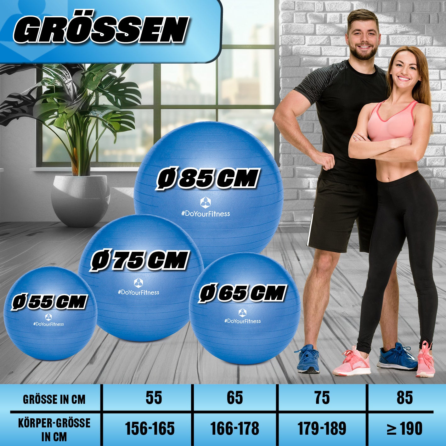 Gymnastikball inkl. Ballpumpe - Fitness Sitzball - Blau - 65 cm mit Größenvergleich und Anwendungshinweisen.