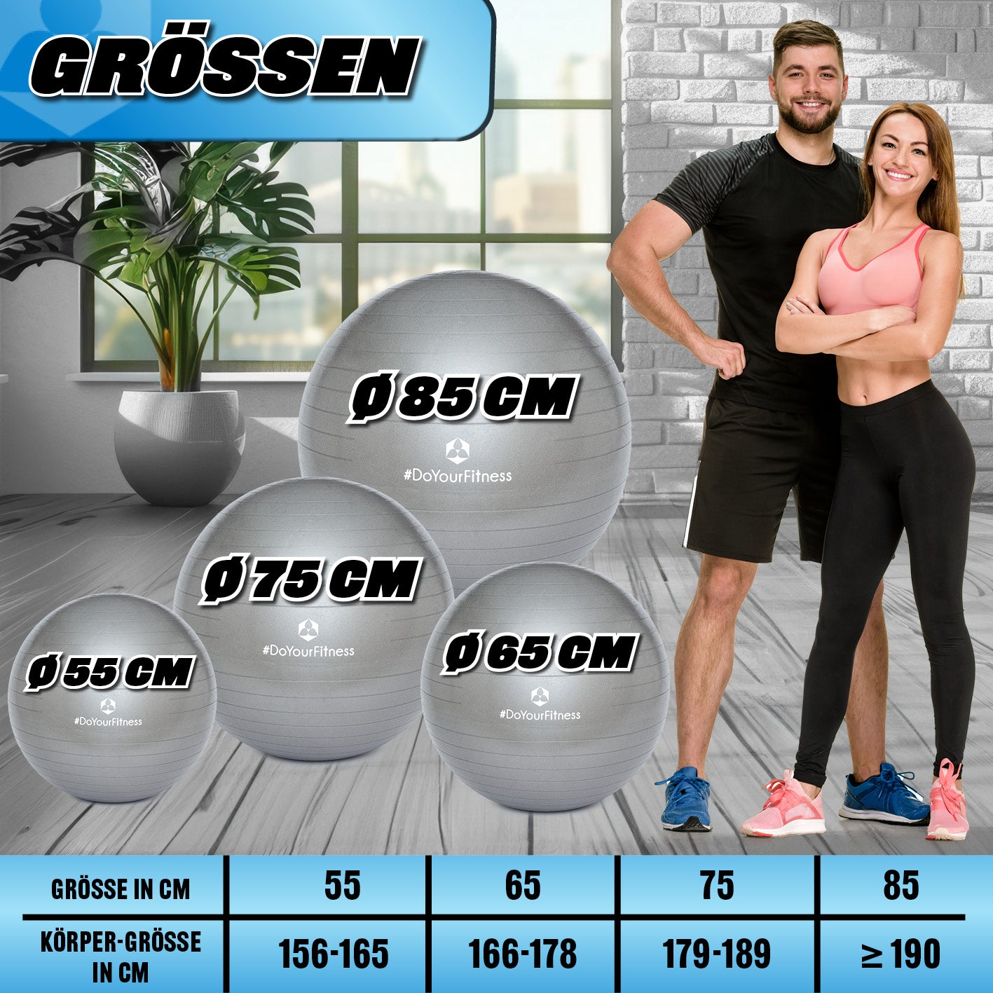 Gymnastikball inkl. Ballpumpe - Fitness Sitzball - Silber - 65 cm mit Größenvergleich und Körpergrößentabelle.