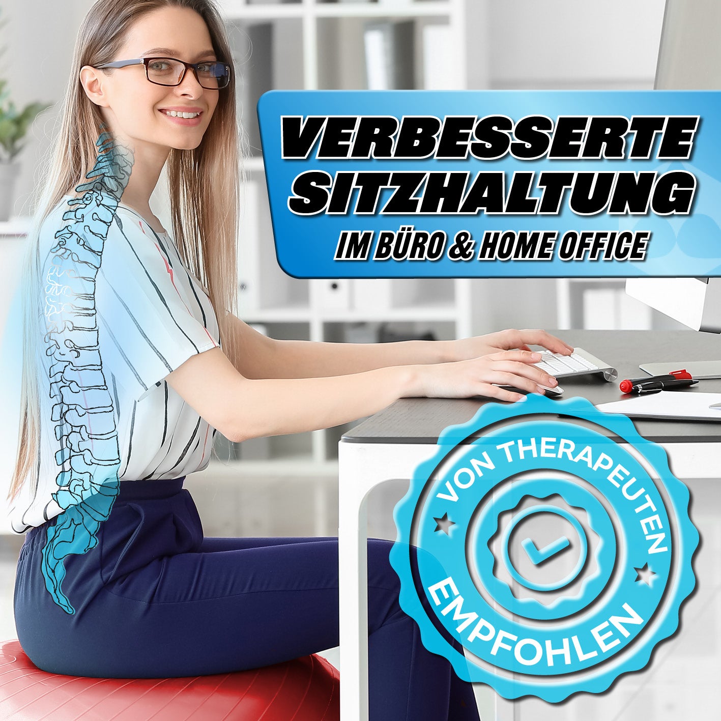 Gymnastikball inkl. Ballpumpe - Fitness Sitzball - Rot - 55 cm für verbesserte Sitzhaltung im Büro und Home Office empfohlen von Therapeuten.