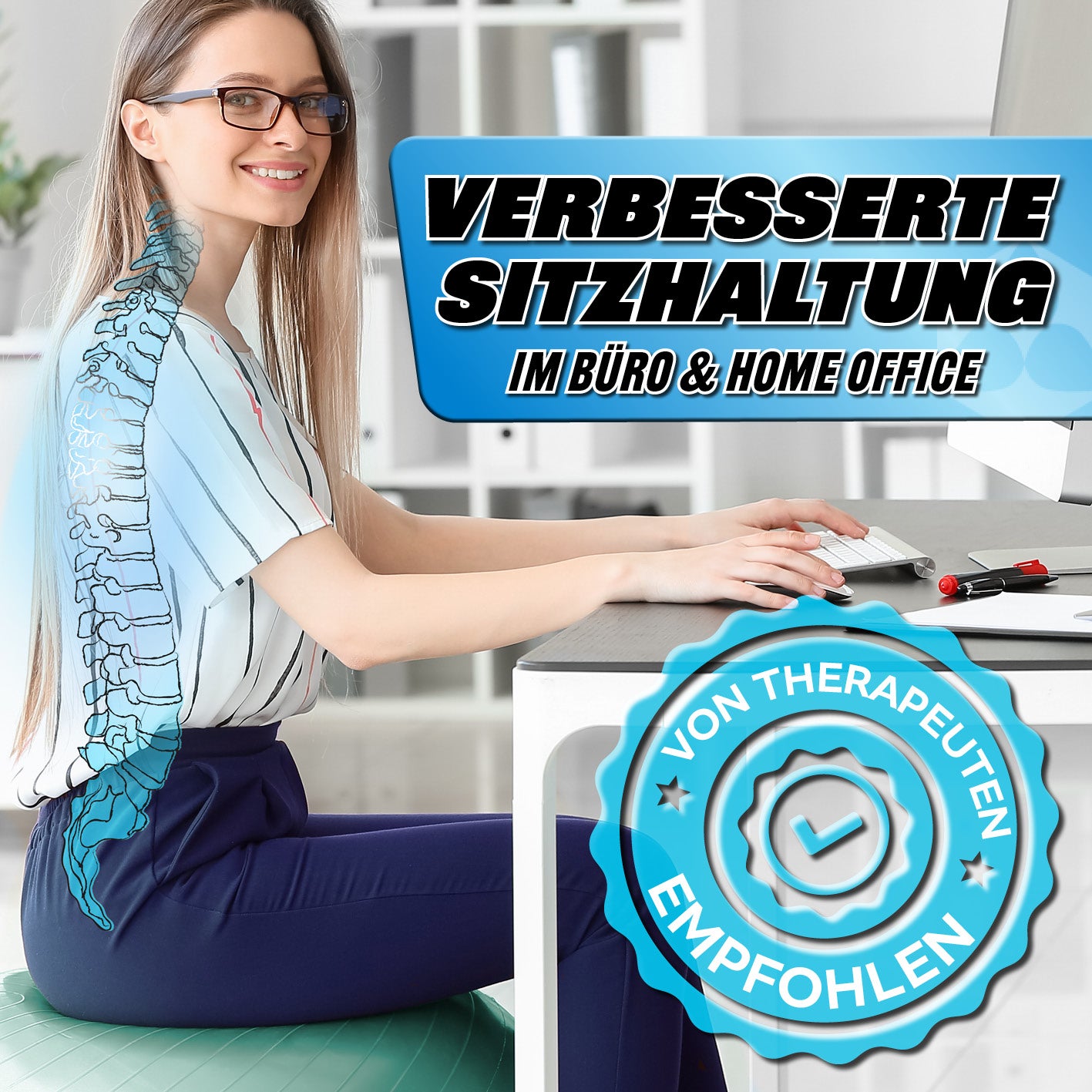 Gymnastikball inkl. Ballpumpe - Fitness Sitzball - Türkis - 55 cm für verbesserte Sitzhaltung im Büro und Home Office empfohlen.