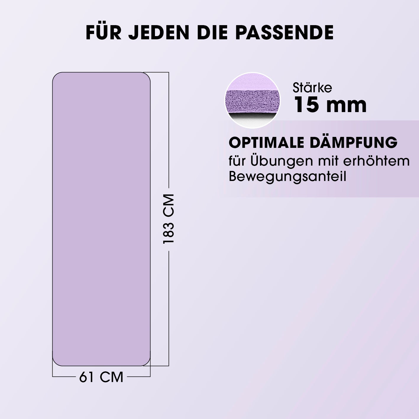 Fitness- und Gymnastikmatte - 183 x 61 x 1,5 cm - Lila mit 15 mm Stärke für optimale Dämpfung bei Yoga und Gymnastik.