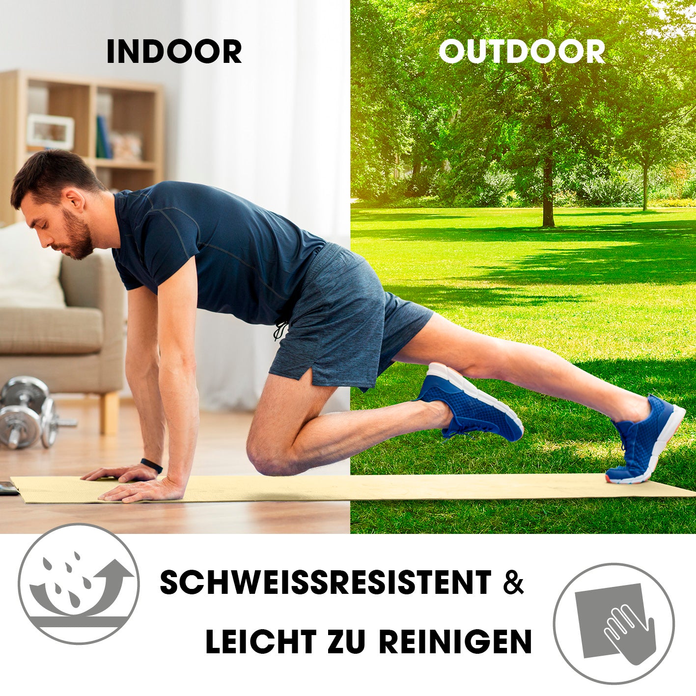Fitness- und Gymnastikmatte - 183 x 61 x 2 cm - Hell Beige, rutschfest, schweißresistent, ideal für Indoor und Outdoor Training.