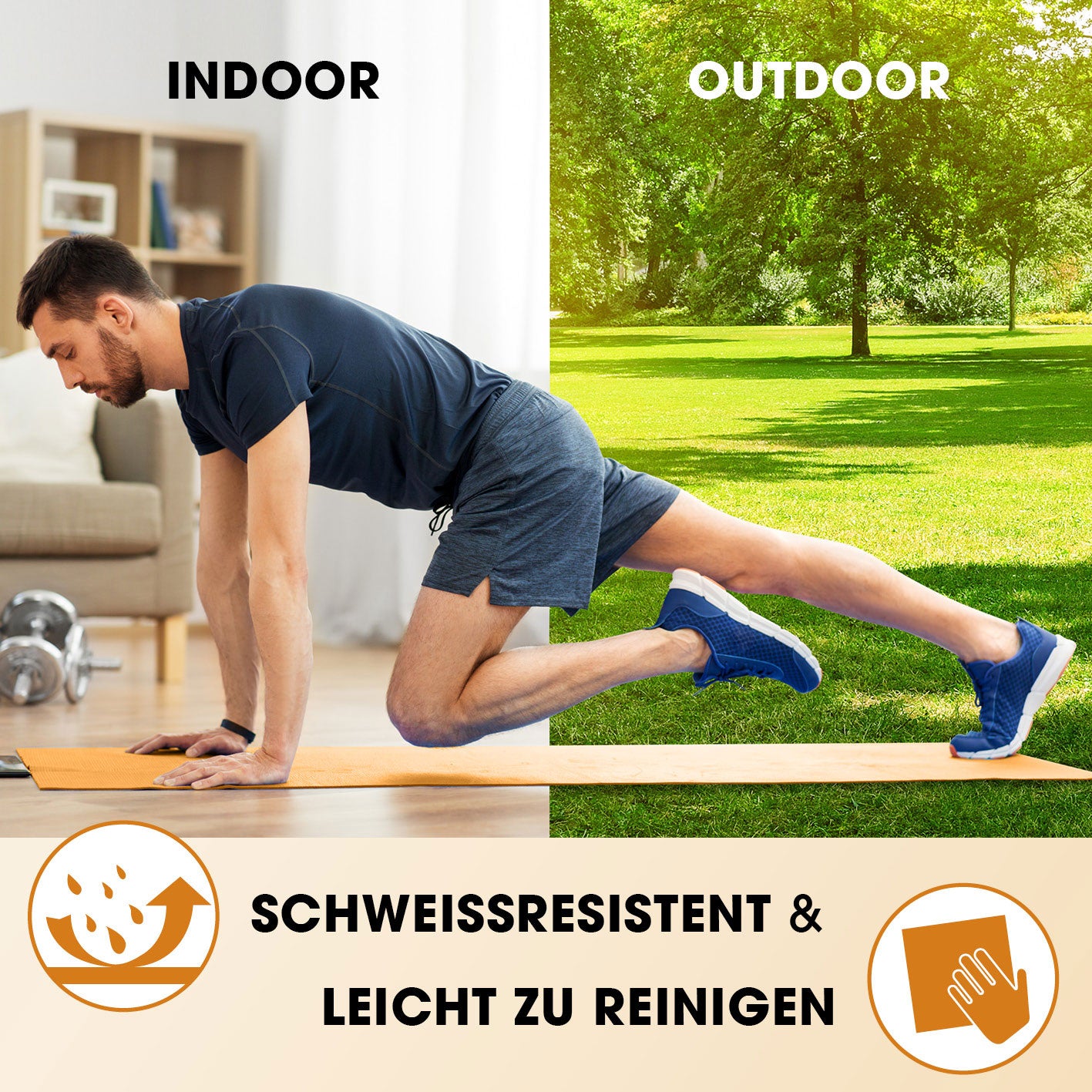 Fitness- und Gymnastikmatte - 183 x 61 x 2 cm - Orange, rutschfest, robust, schweißresistent, für Indoor- und Outdoor-Training geeignet.