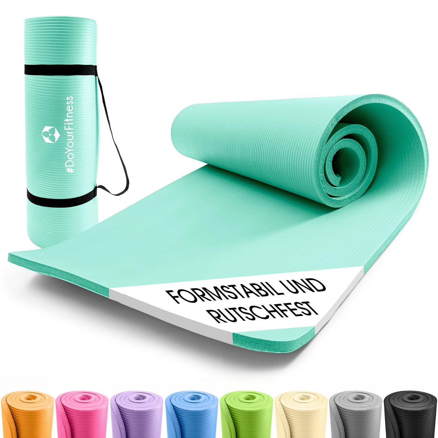 Fitness- und Gymnastikmatte - 183 x 61 x 2 cm - Türkis, rutschfest, robust, leicht mit Tragegurt für Yoga und Gymnastik.