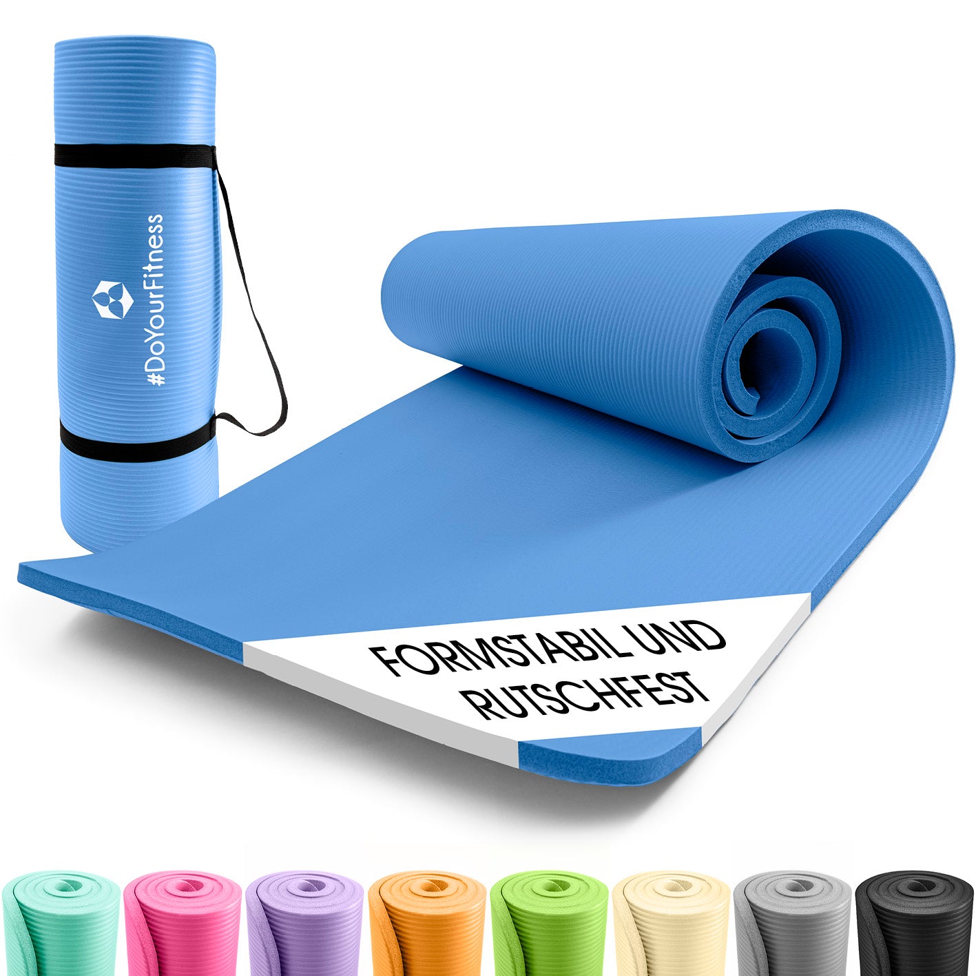 Fitness- und Gymnastikmatte - 183 x 61 x 2 cm - Blau, rutschfest, robust, leicht mit Tragegurt, ideal für Yoga und Gymnastik.