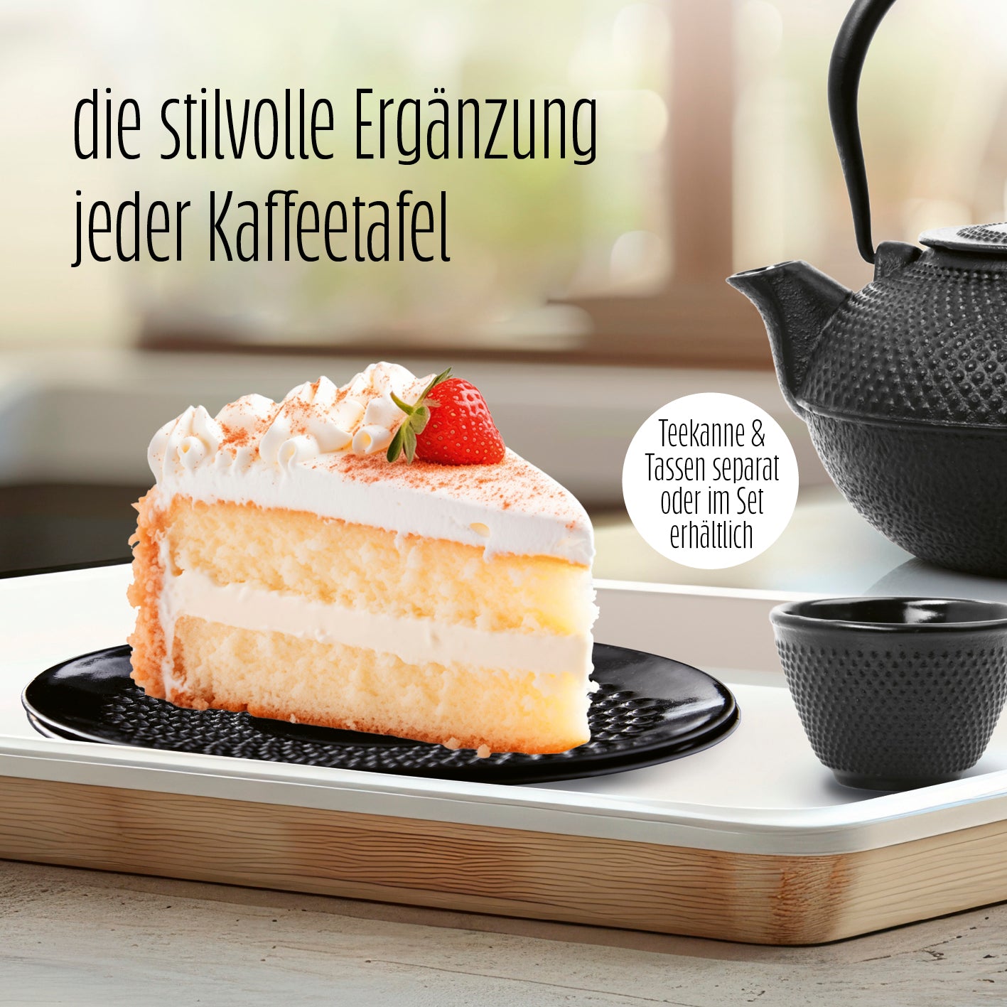 Dessertteller Set aus Gusseisen 2-teilig mit schwarzem Servierteller Ø15 cm als stilvolle Ergänzung für Kaffee und Tee.