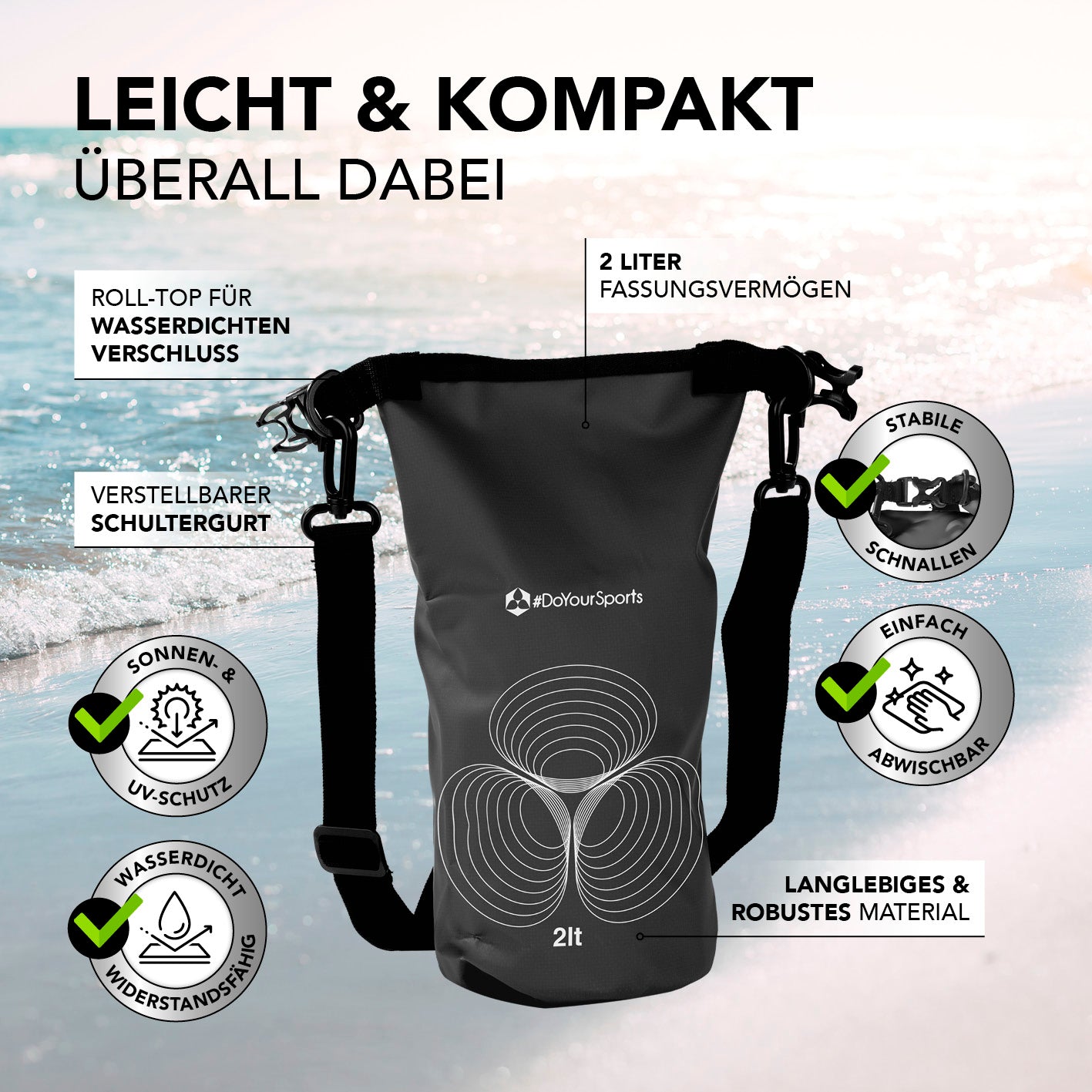 Dry Bag 2L - Schwarz mit wasserdichtem Rolltop, verstellbarem Schultergurt, UV-Schutz und robustem Material für Outdoor-Abenteuer.