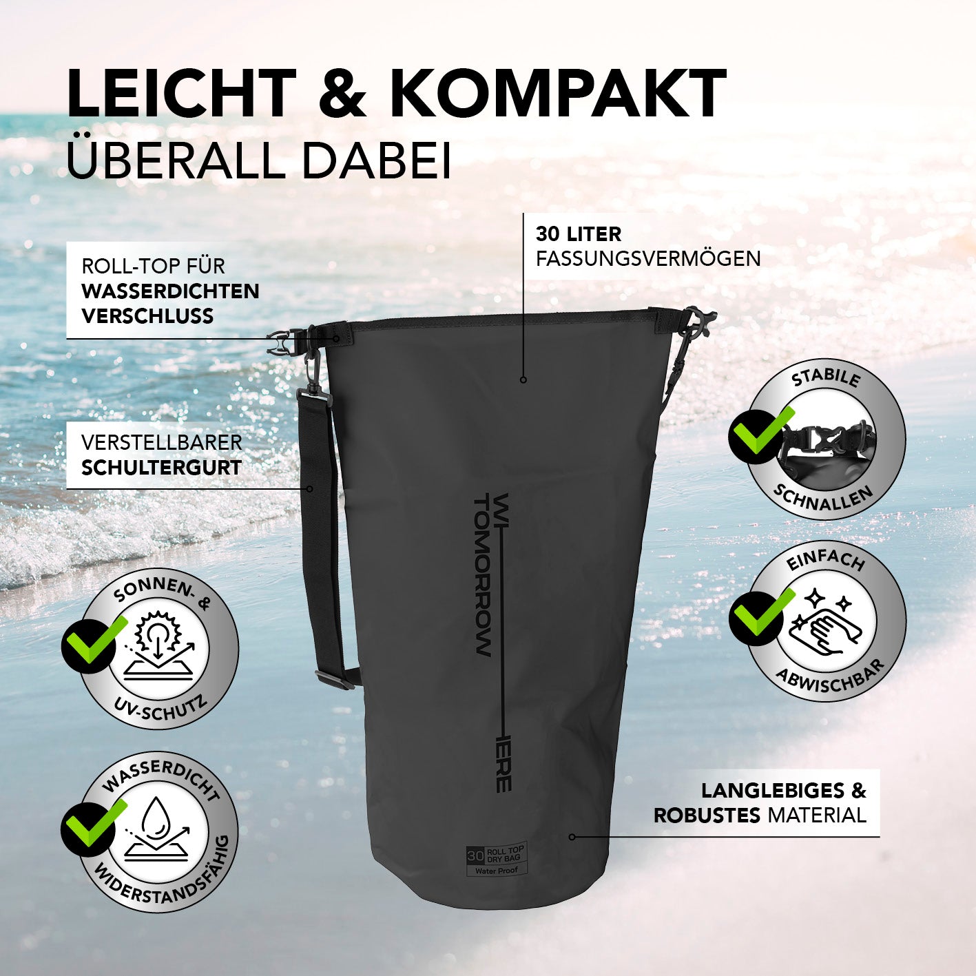 Dry Bag 30L - Style 02 - Schwarz mit wasserdichtem Rolltop, verstellbarem Schultergurt, UV-Schutz und robustem Material für Outdoor-Abenteuer.