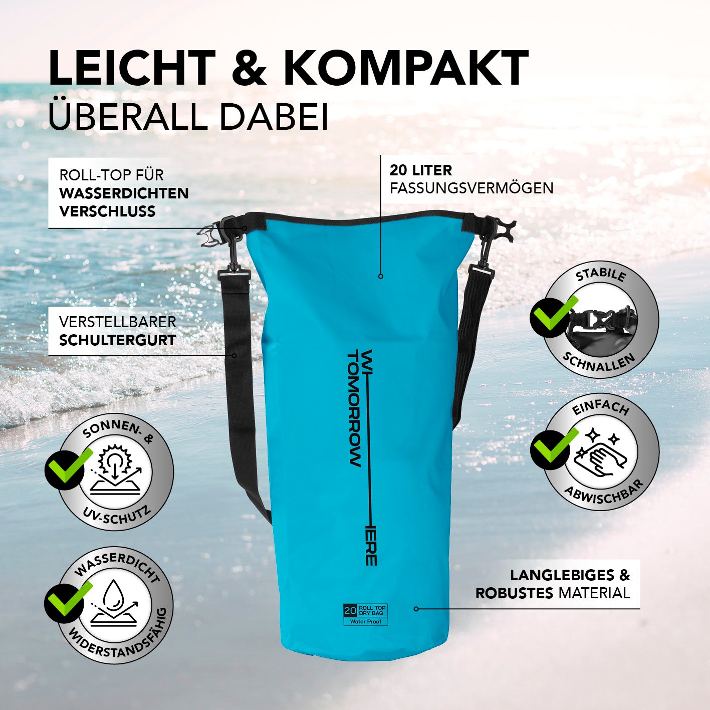 Dry Bag 20L - Style 02 - Himmelblau, wasserdichter, robuster Rucksack mit UV-Schutz, verstellbarem Gurt und Rolltop-Verschluss.