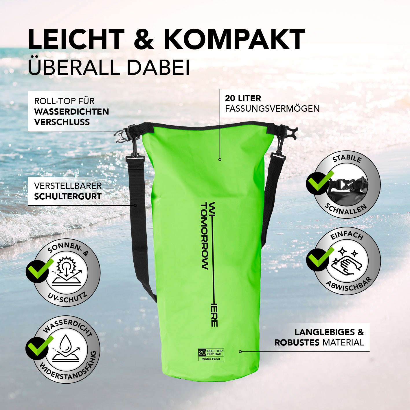 Dry Bag 20L - Style 02 - Grün, wasserdichter, robuster Rucksack mit UV-Schutz, verstellbarem Schultergurt und Rolltop-Verschluss für Outdoor.