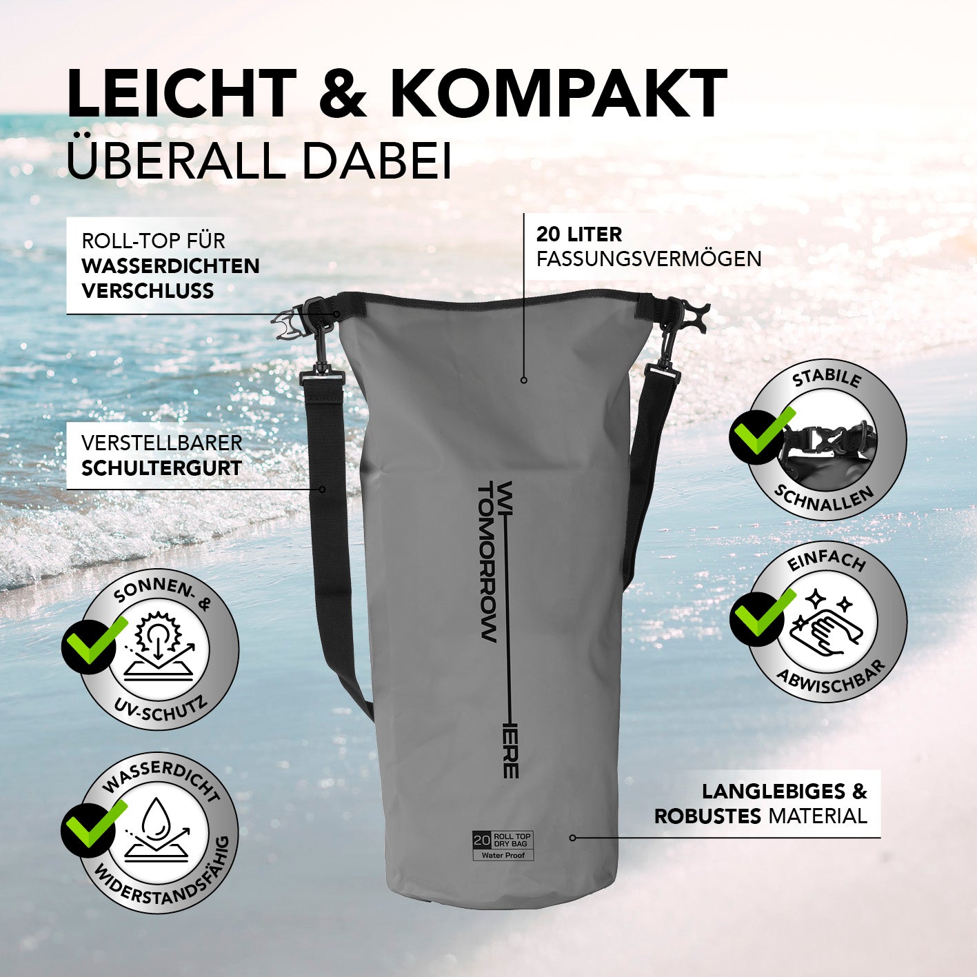 Dry Bag 20L - Style 02 - Grau, wasserdichter, robuster Rucksack mit Rolltop, verstellbarem Schultergurt und UV-Schutz für Outdoor-Abenteuer.