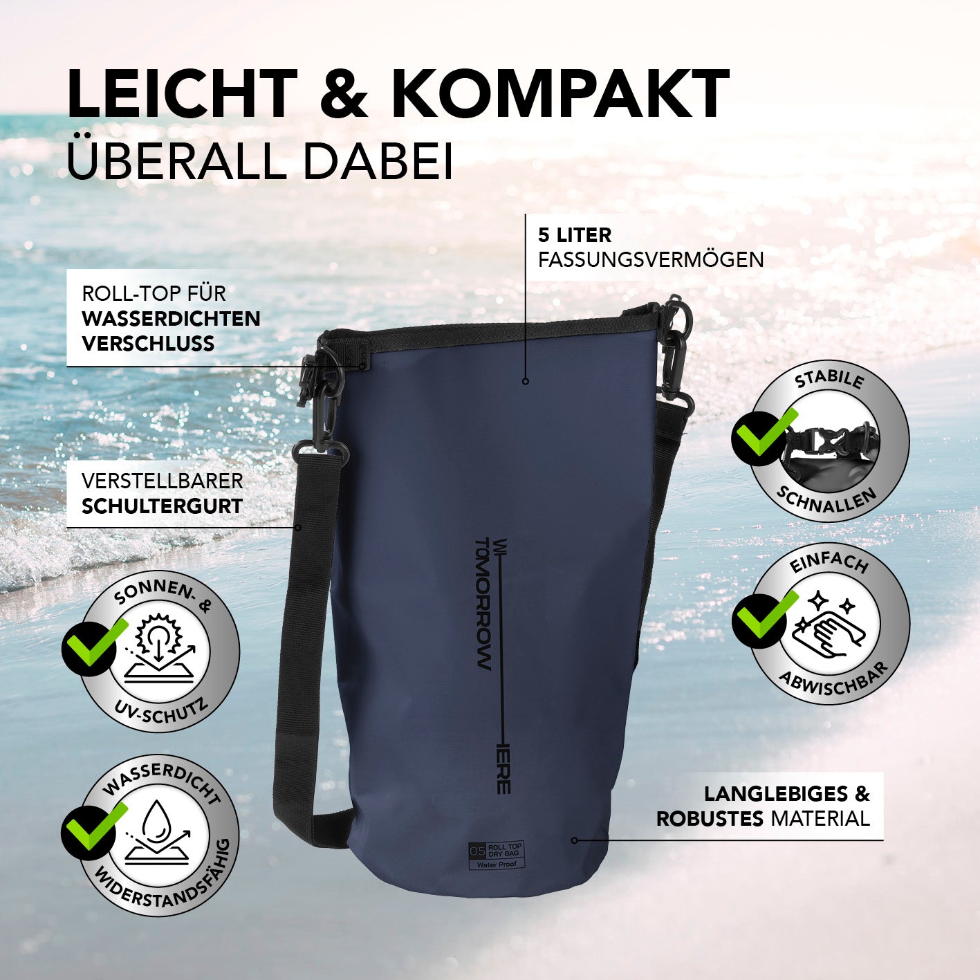 Dry Bag 5L - Style 02 - Dunkelblau, wasserdichter, robuster Outdoor-Rucksack mit Rolltop, verstellbarem Schultergurt und UV-Schutz.
