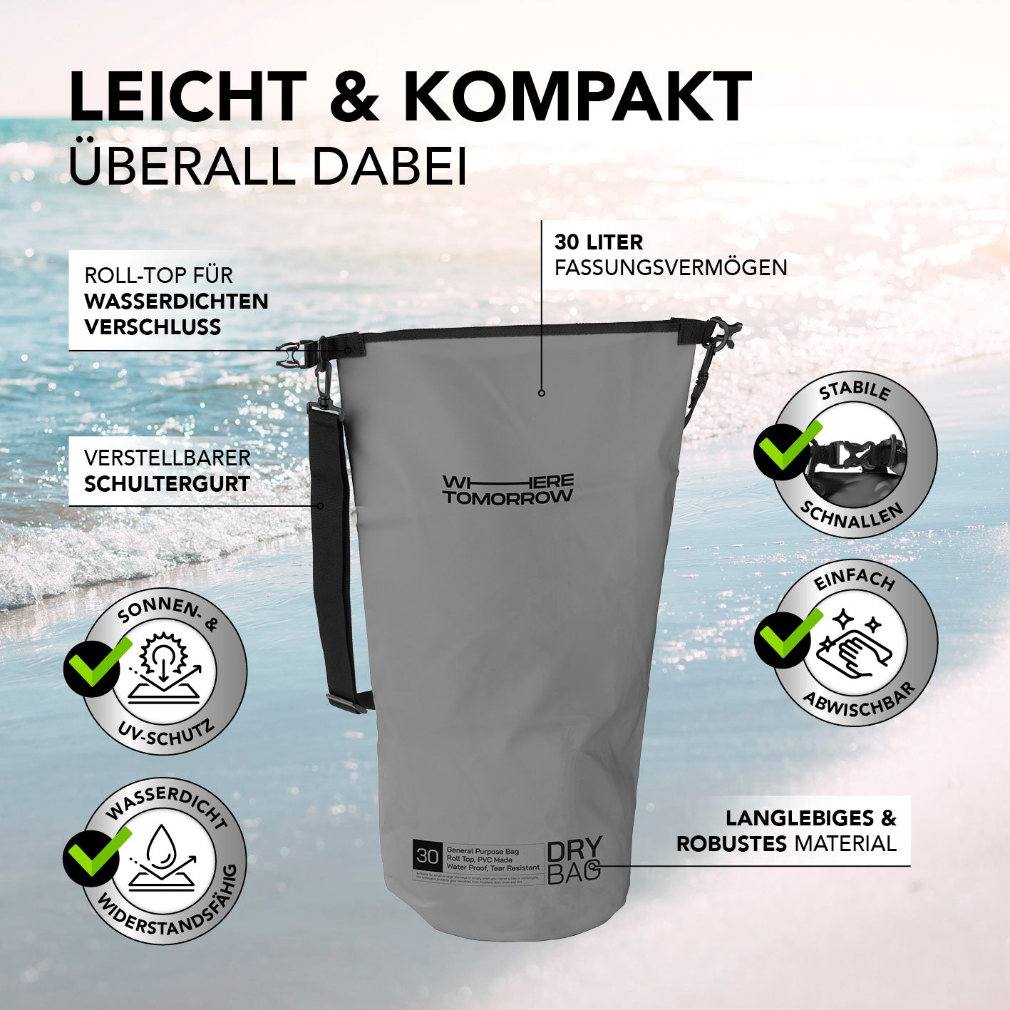 Dry Bag 30L - Style 01 - Grau, wasserdichter, robuster Outdoor-Rucksack mit Rolltop, UV-Schutz, verstellbarem Schultergurt und stabilen Schnallen.