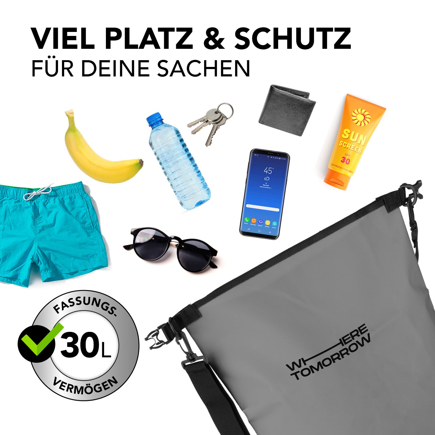 Dry Bag 30L - Style 01 - Grau wasserdichter, robuster Outdoor-Rucksack mit viel Platz für Handy, Schlüssel & mehr.