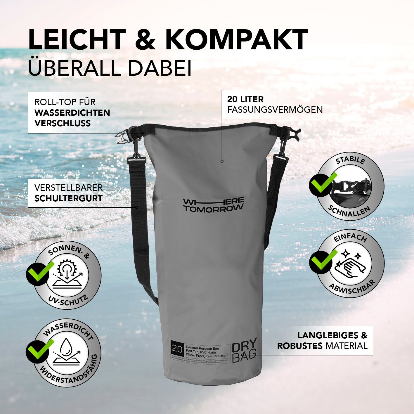Dry Bag 20L - Style 01 - Grau, wasserdichter Rucksack mit UV-Schutz, verstellbarem Schultergurt und robustem Rolltop-Verschluss.
