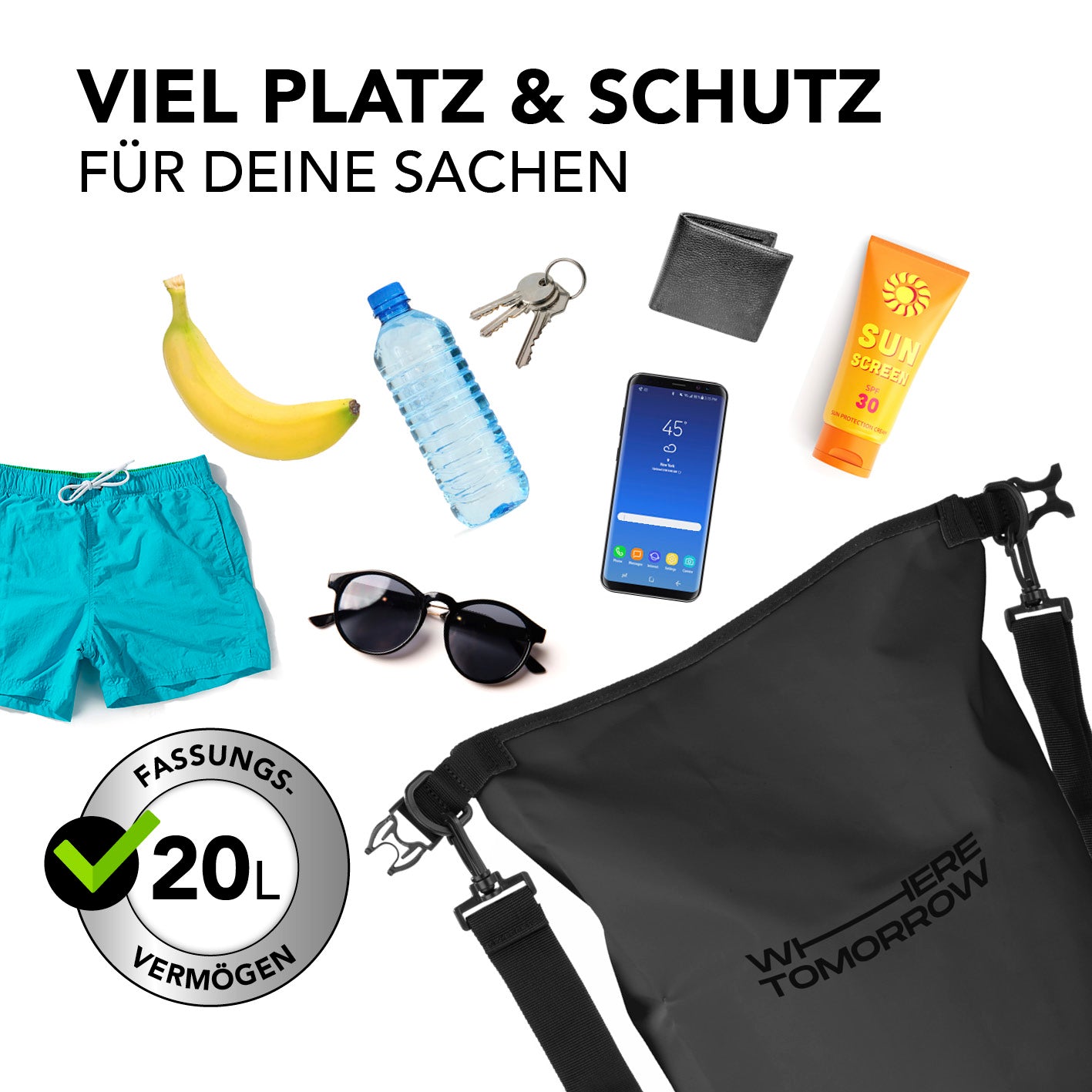 Dry Bag 20L - Style 01 - Schwarz, robuster wasserdichter Rucksack mit viel Platz und Schutz für Outdoor-Ausrüstung und Wertsachen.