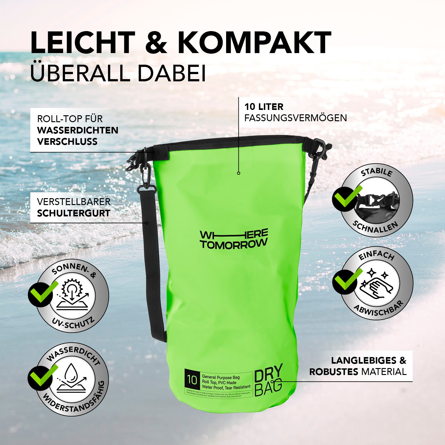 Dry Bag 10L - Style 01 - Grün, wasserdichter Rucksack mit UV-Schutz, verstellbarem Schultergurt und robustem Rolltop-Verschluss.