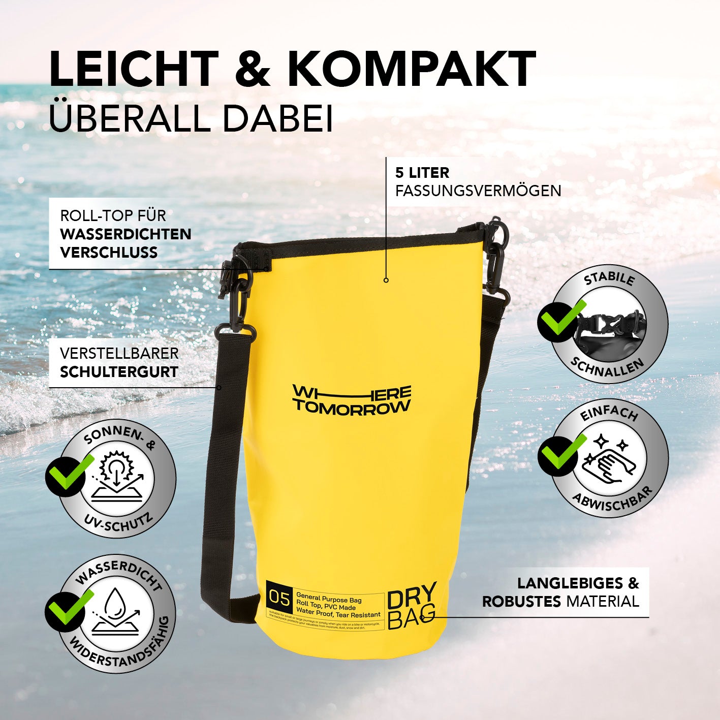 Dry Bag 5L - Style 01 - Gelb, wasserdichter, robuster Dry Bag mit UV-Schutz, verstellbarem Schultergurt und stabilem Rolltop-Verschluss.