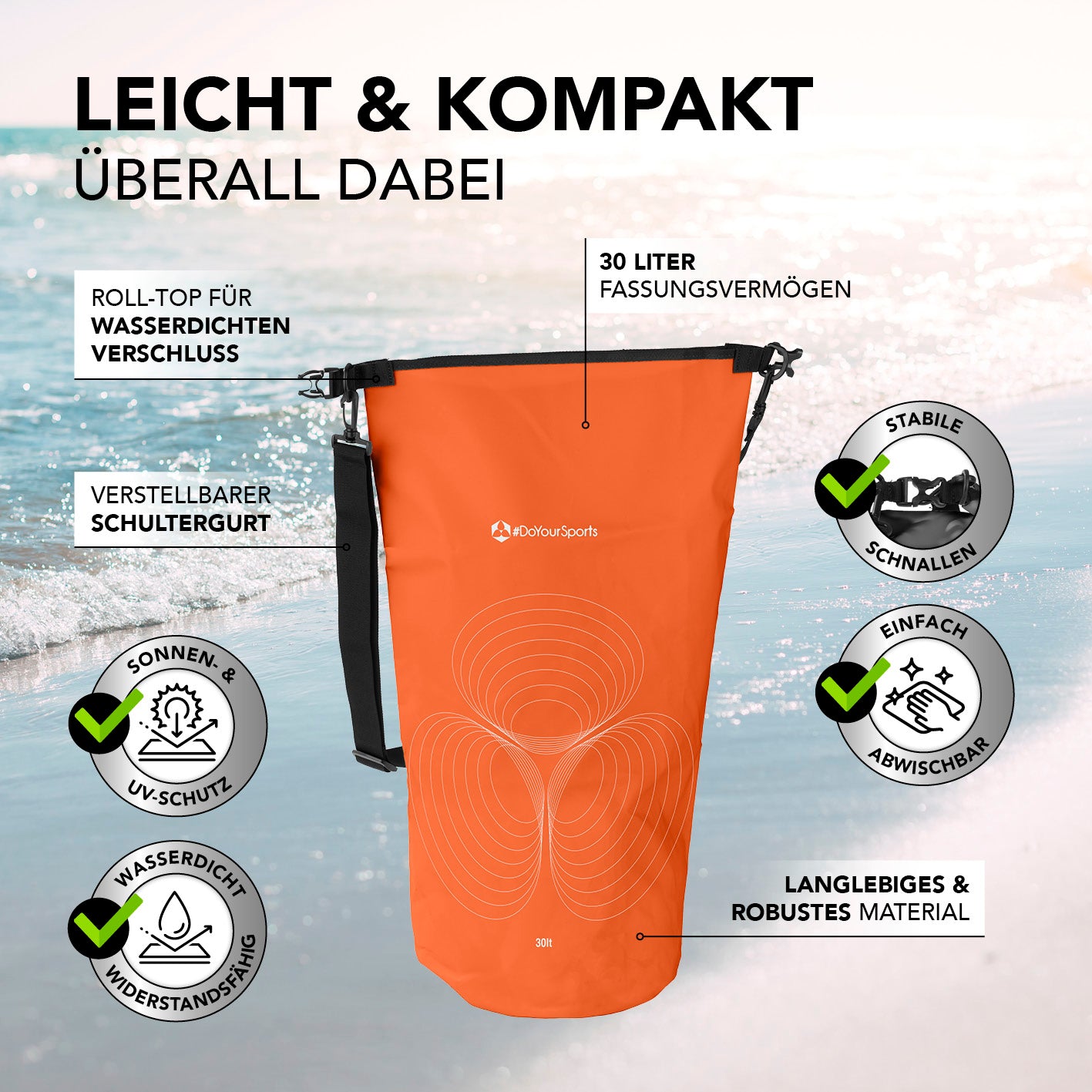 Dry Bag 30L - Orange wasserdichter, robuster Outdoor-Rucksack mit UV-Schutz, verstellbarem Schultergurt und Rolltop-Verschluss.