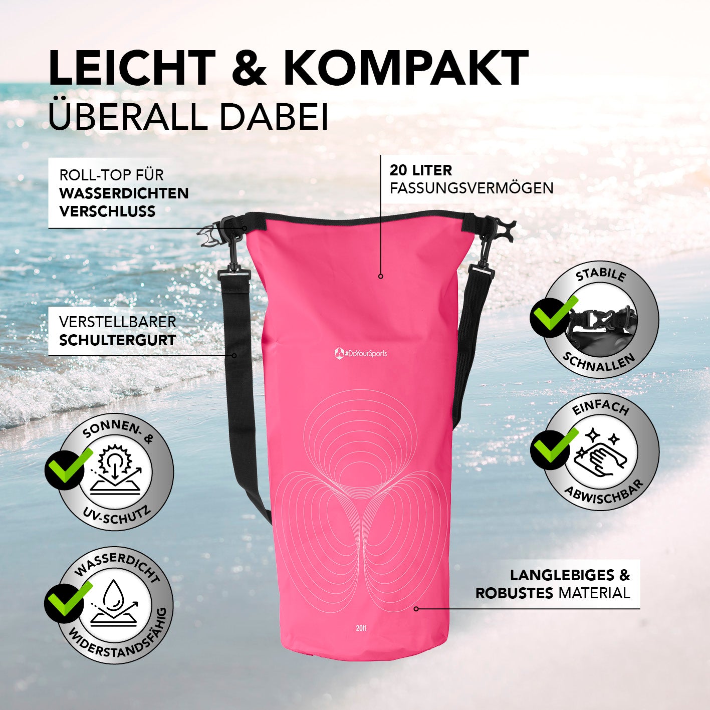 Dry Bag 20L - Pink mit wasserdichtem Rolltop, UV-Schutz, verstellbarem Schultergurt und robustem, abwischbarem Material für Outdoor-Abenteuer.