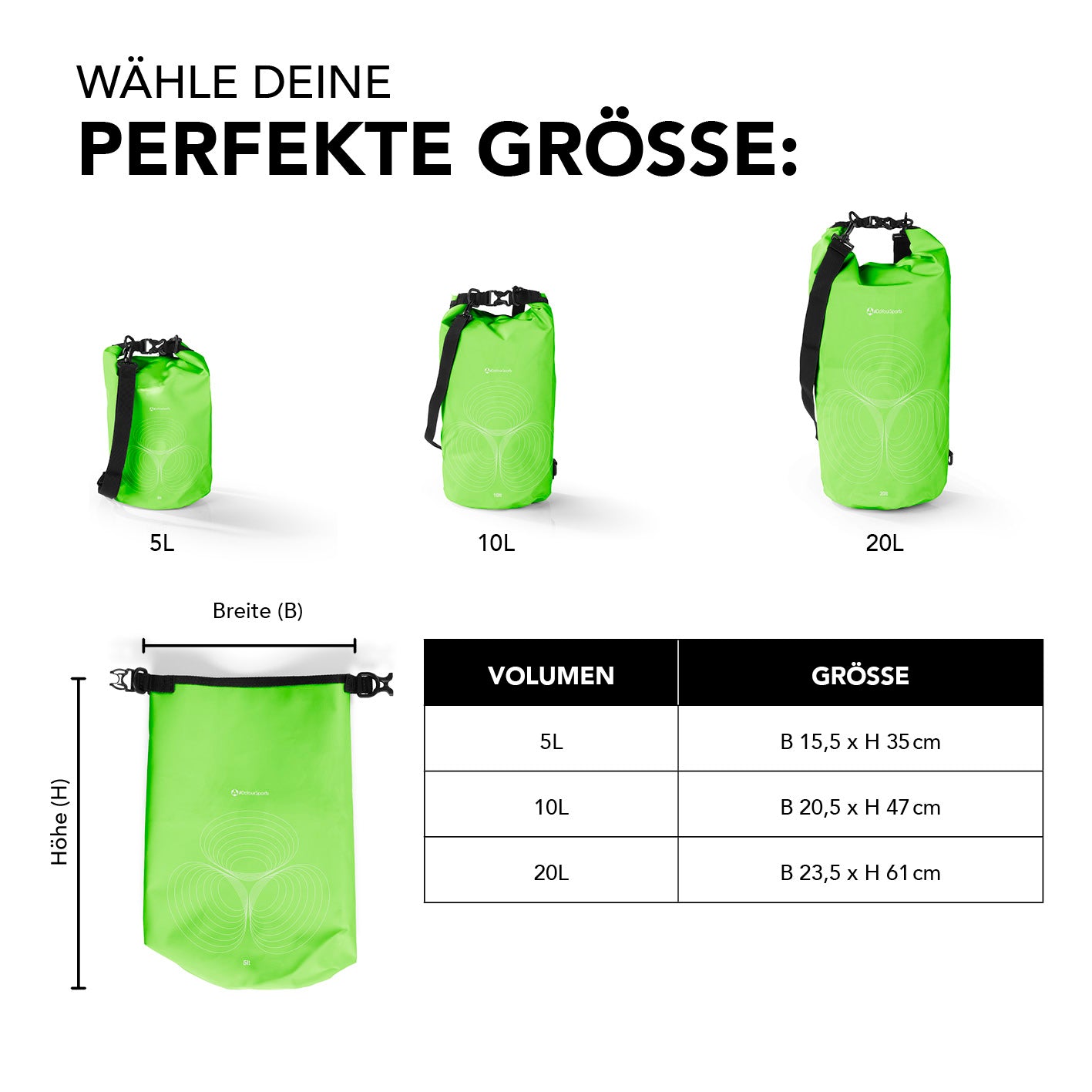 Dry Bag 20L - Grün wasserdichter, robuster Outdoor-Rucksack mit verstellbarem Schultergurt und Rolltop-Verschluss.
