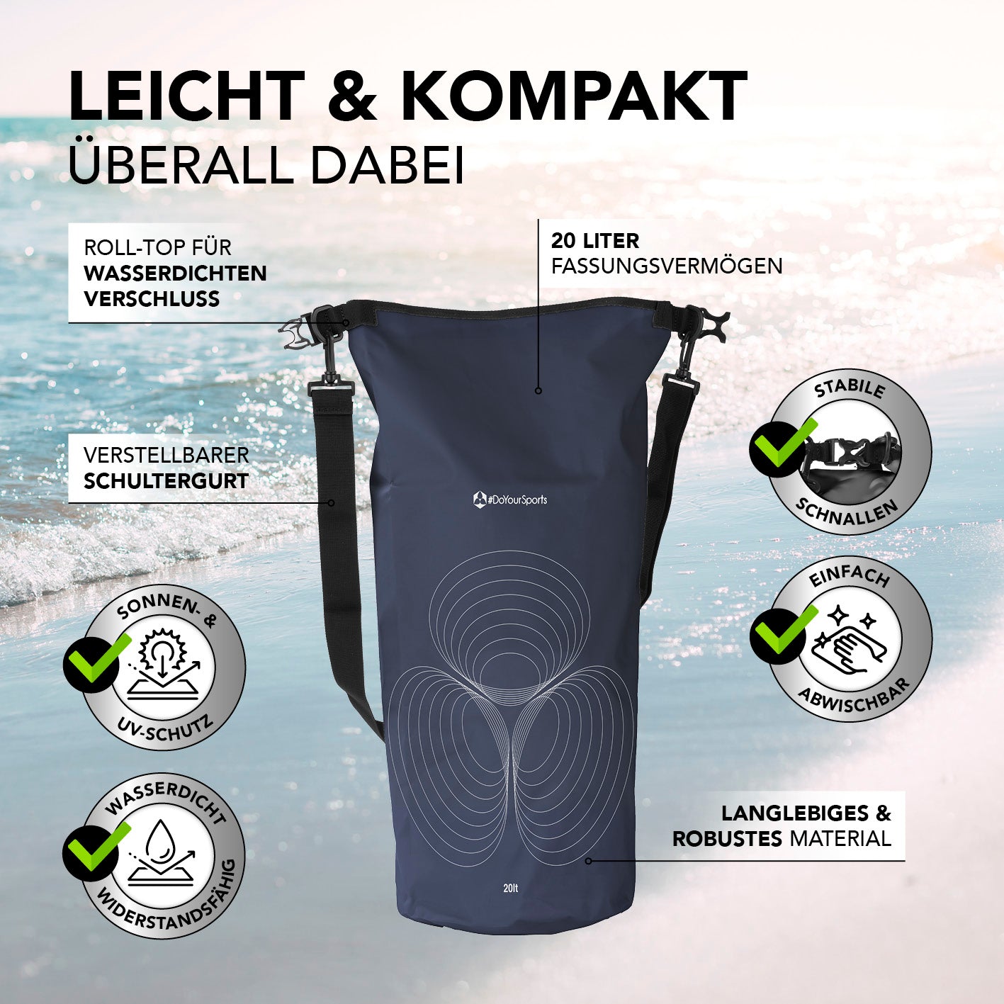 Dry Bag 20L - Dunkelblau, wasserdicht, robust, mit UV-Schutz, verstellbarem Schultergurt und rolltop-Verschluss für Outdoor-Abenteuer.