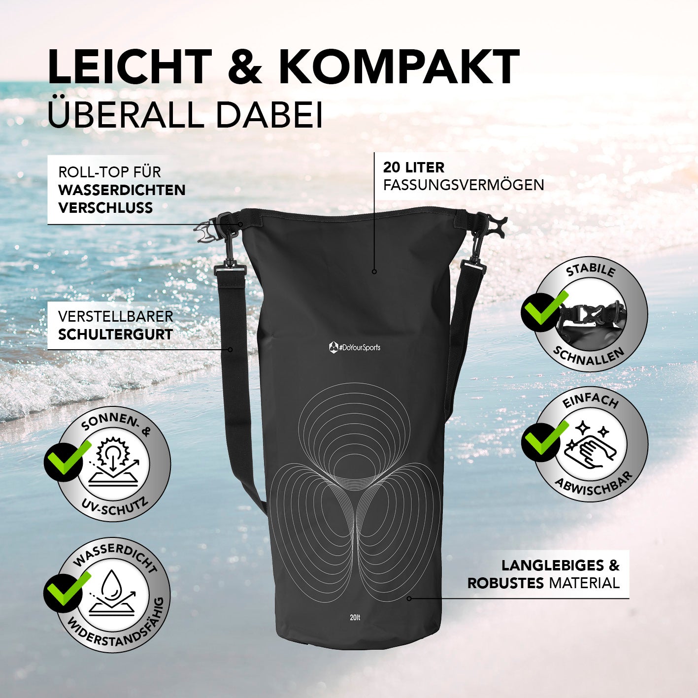 Dry Bag 20L - Schwarz, wasserdichter Rolltop-Rucksack mit UV-Schutz, verstellbarem Schultergurt und robustem Material für Outdoor-Abenteuer.