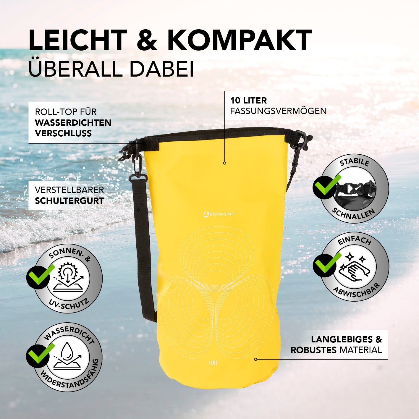 Dry Bag 10L - Gelb, wasserdicht mit Rolltop, verstellbarem Schultergurt, UV-Schutz, stabilen Schnallen und robustem Material.