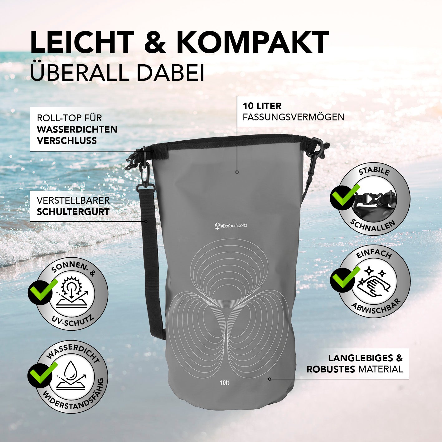 Dry Bag 10L - Grau mit wasserdichtem Rolltop, verstellbarem Schultergurt, UV-Schutz und robustem, abwischbarem Material.
